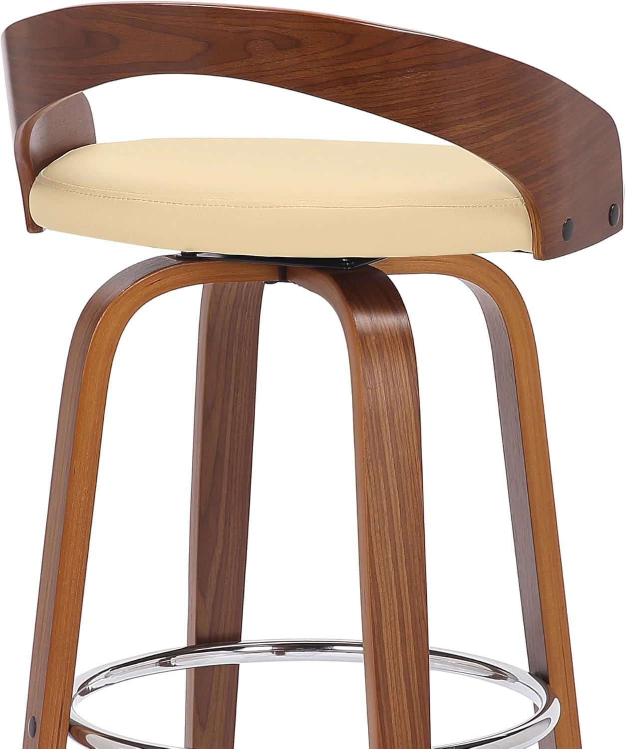 Sonia 26 in.  Counter Height Swivel Cream Faux Leather and Walnut Wood Bar Stool