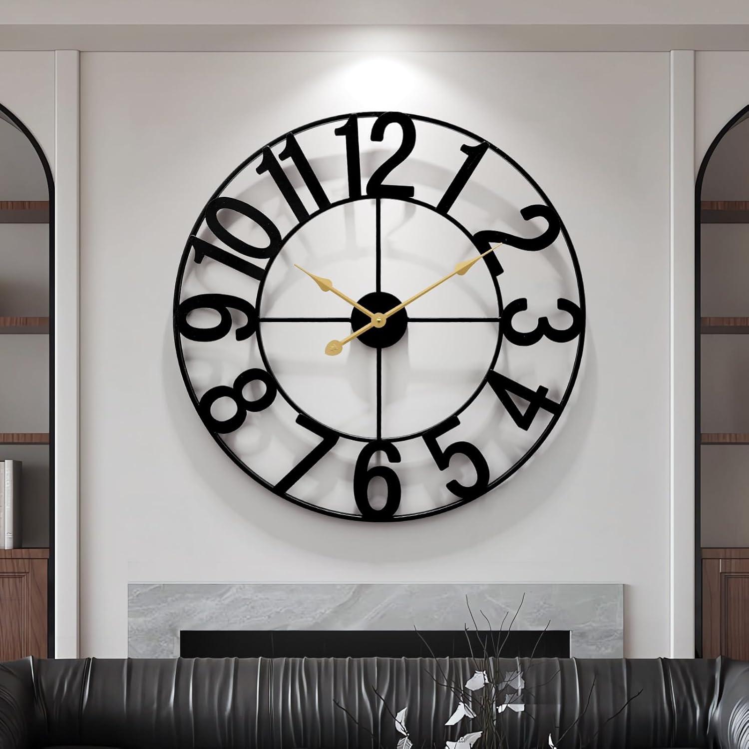 Oversized Black Metal Analog Wall Clock with Arabic Numerals