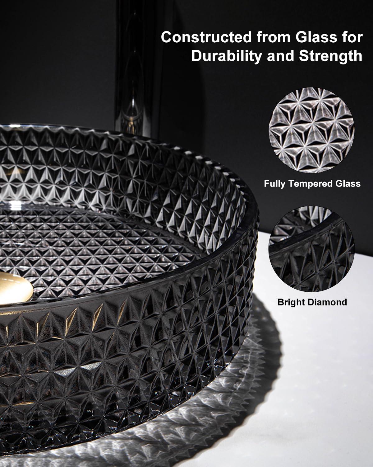 Homary 15" Vessel Transparent Diamond Shaped Crystal Glass Bathroom Wash Sink in Black