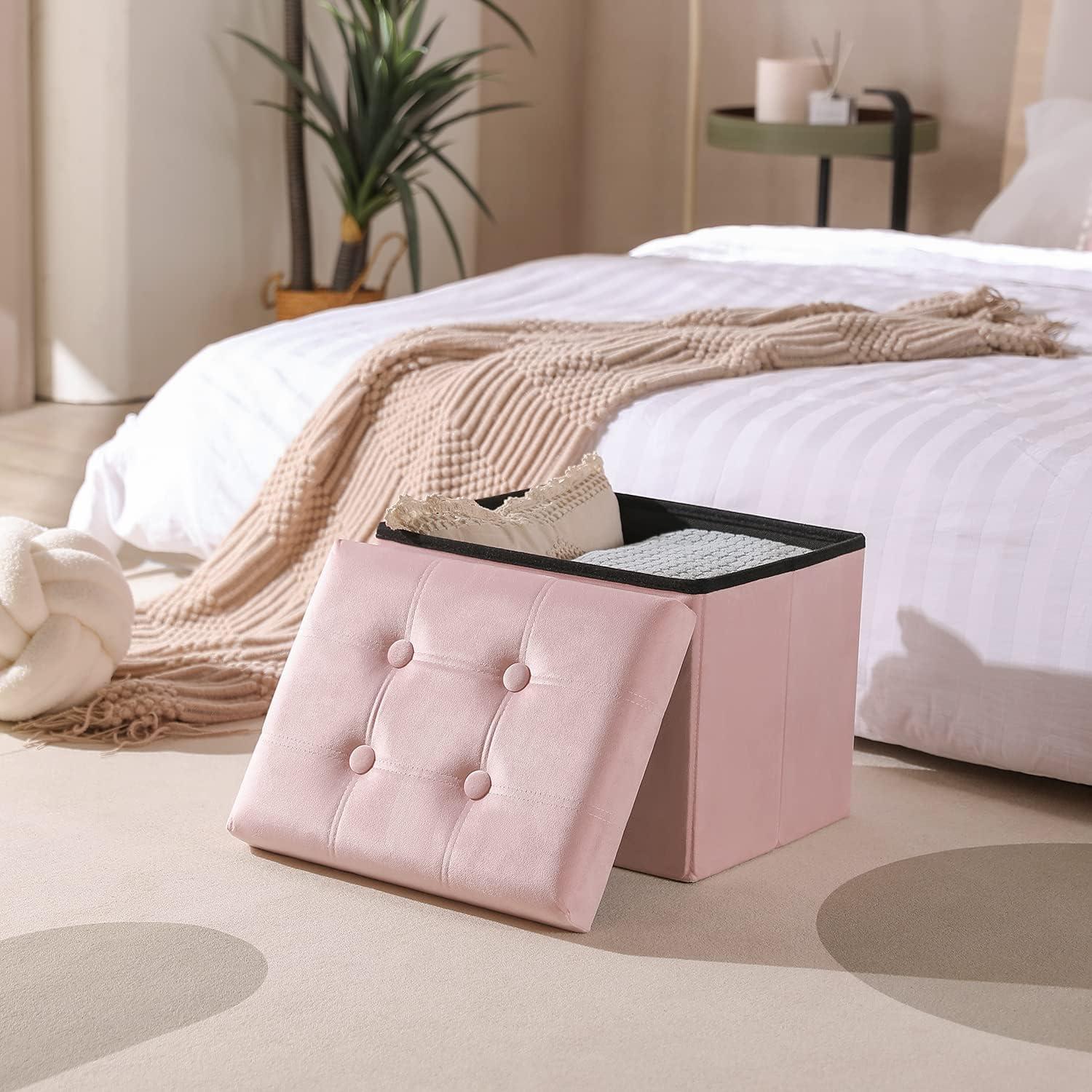 PRANDOM Extra Large Ottoman with Storage [1-Pack] Velvet Folding Small Square Foot Stool with Lid for Toy Living Room Bedroom Coffee Table Dorm Pink 30.5x15x15 inches