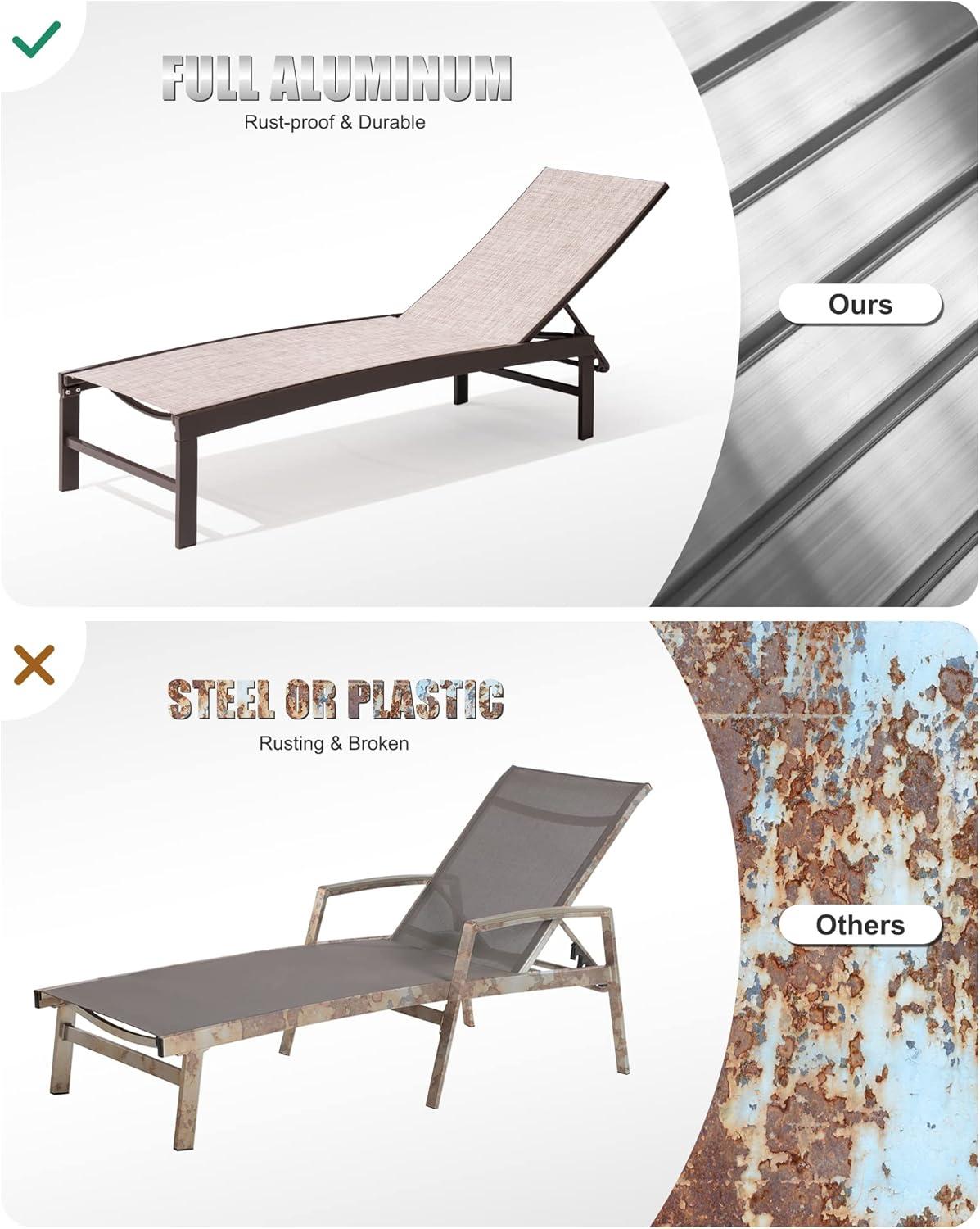 3pc Outdoor Five Position Adjustable Curved Aluminum Lounge Set Brown - Crestlive Products: Weather-Resistant Patio Furniture Set with Side Table