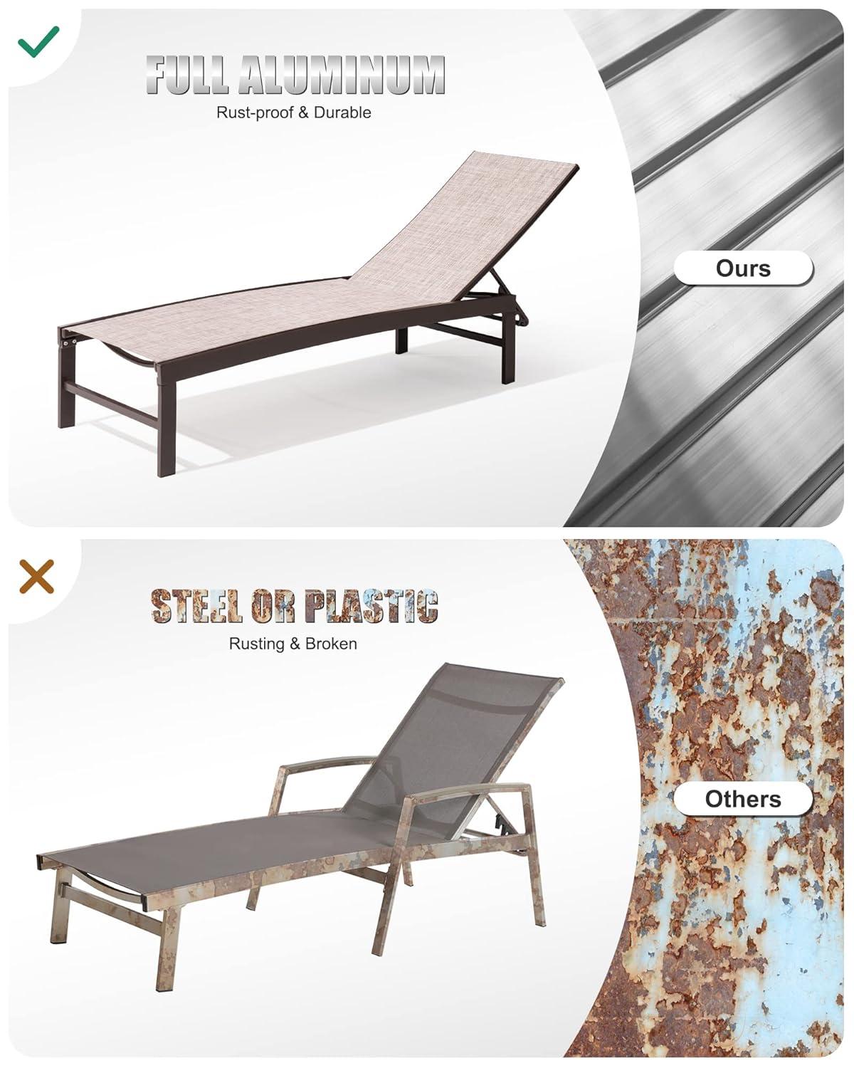 3pc Outdoor Five Position Adjustable Curved Aluminum Lounge Set Brown - Crestlive Products: Weather-Resistant Patio Furniture Set with Side Table