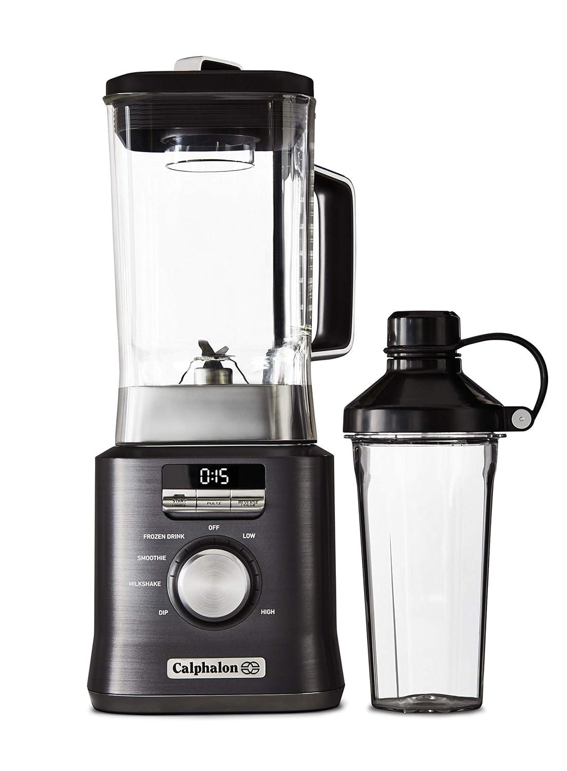 Calphalon Auto-Speed 2-Liter Blender with Blend-N-Go Smoothie Cup, Dark Stainless Steel