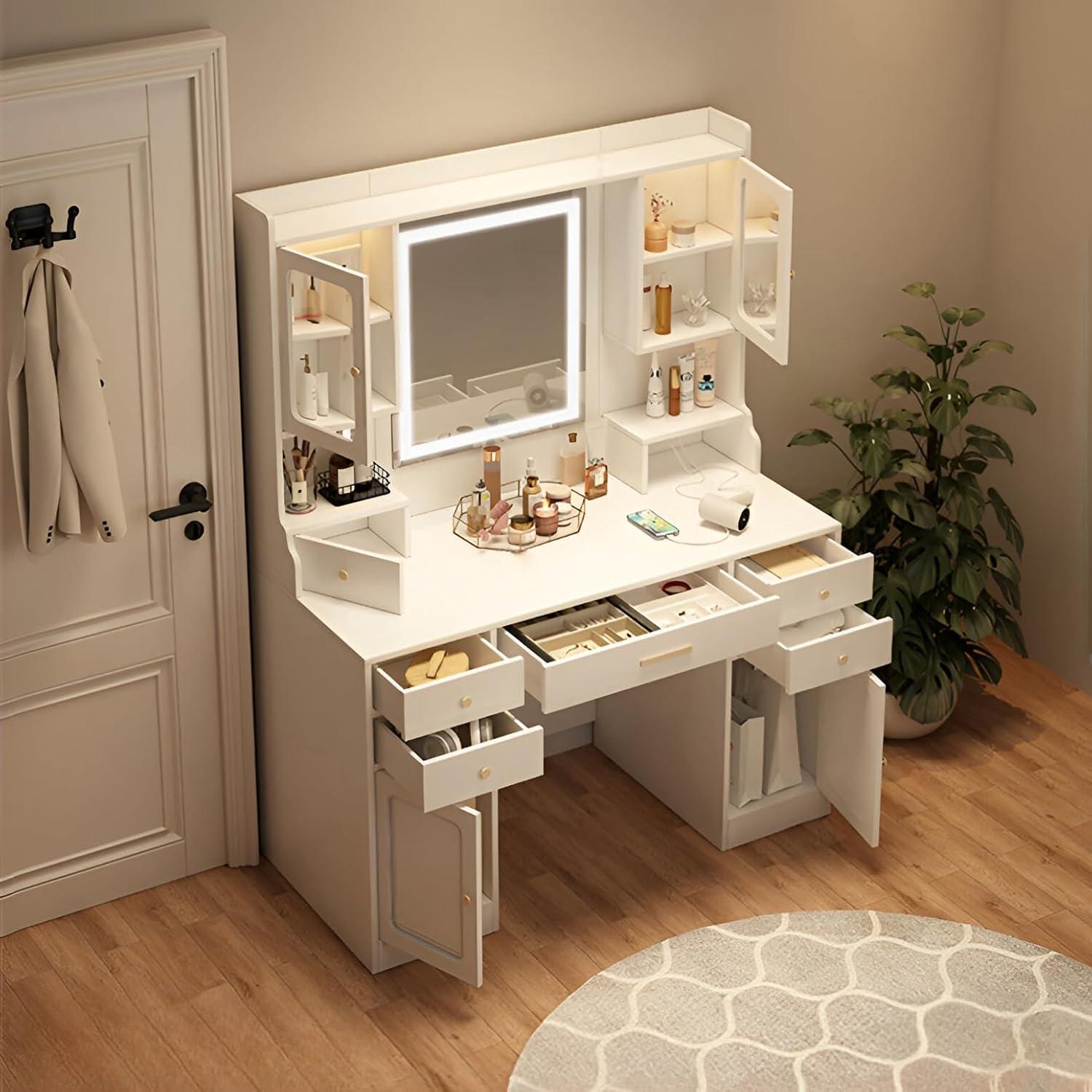 Makeup Vanity Desk with Mirror and Lights, Large Vanity Table Set with 6 Drawers & 2 Storage Cabinet & Shelves with Doors, with Charging Station, 3 Lighting Modes Brightness Adjustable