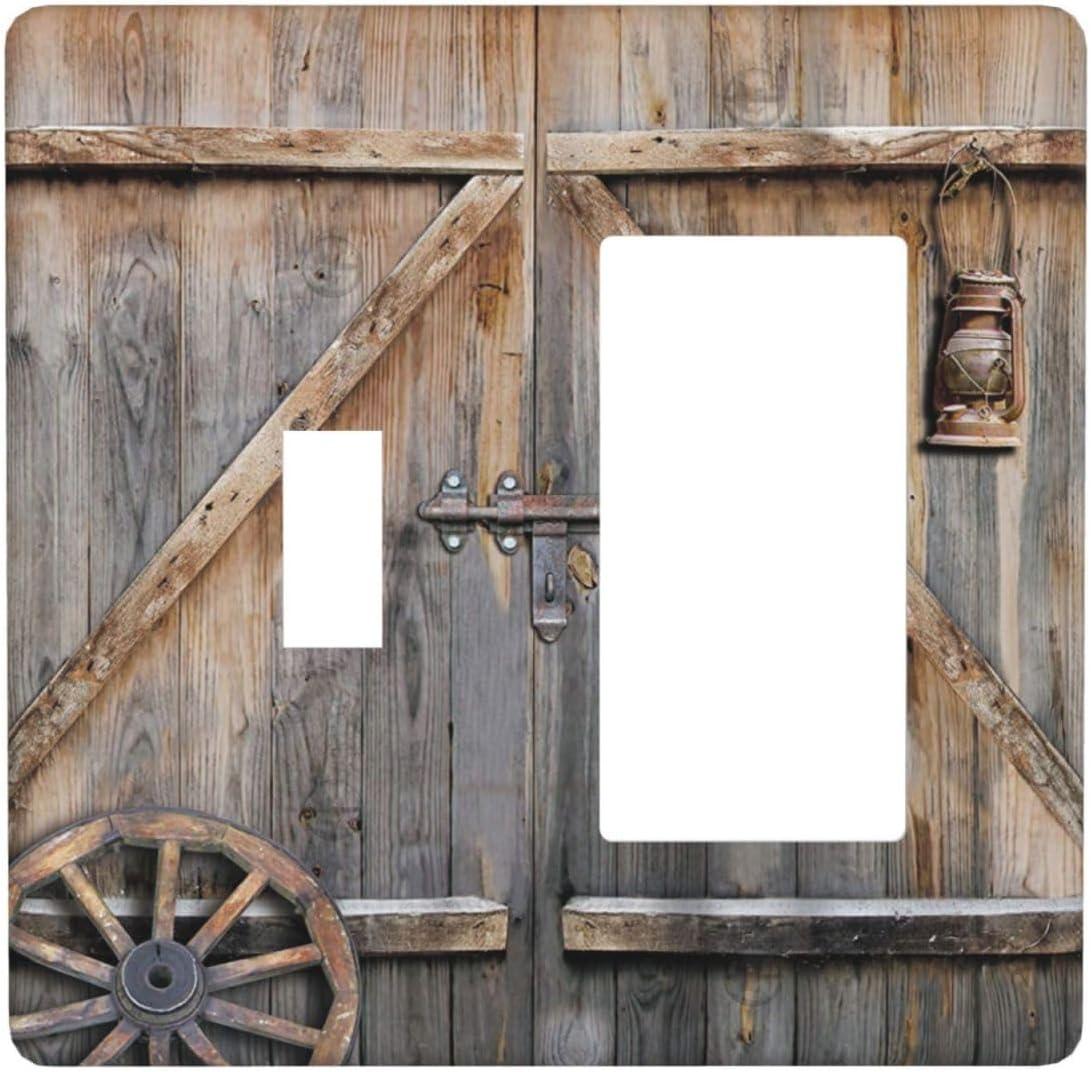 Wood Garage Barn Door Cabin 2 Gang Single Toggle/Rocker Combination Light Switch Cover Decorative Wall Plate Cover Electrical Faceplate Art Decor