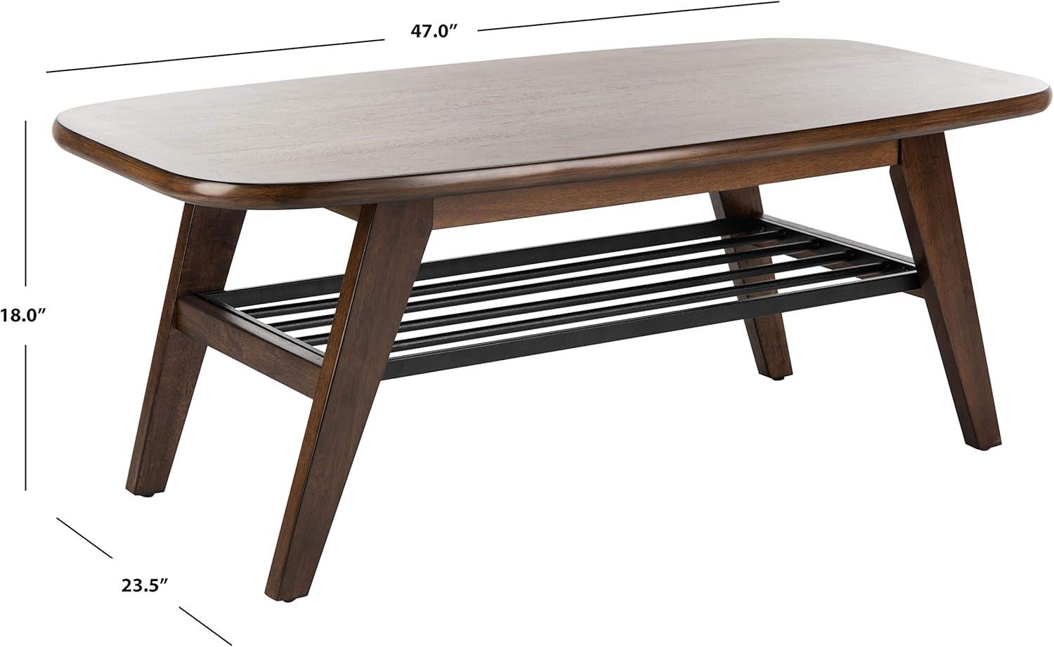 Transitional Dark Walnut Rectangular Coffee Table with Black Metal Storage Rack