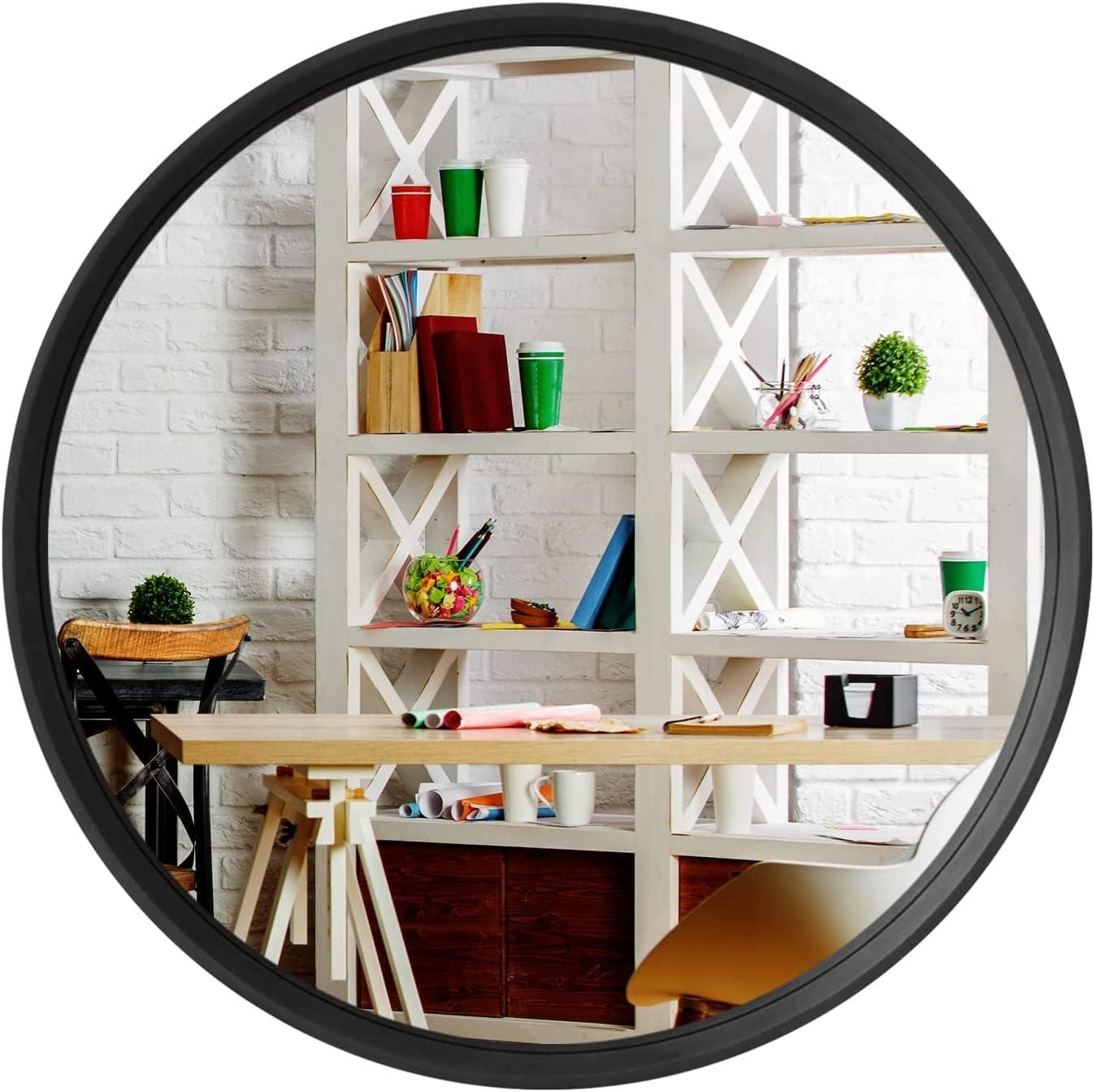 Satin Black Round Pine Wood Wall Mirror, 24-inch