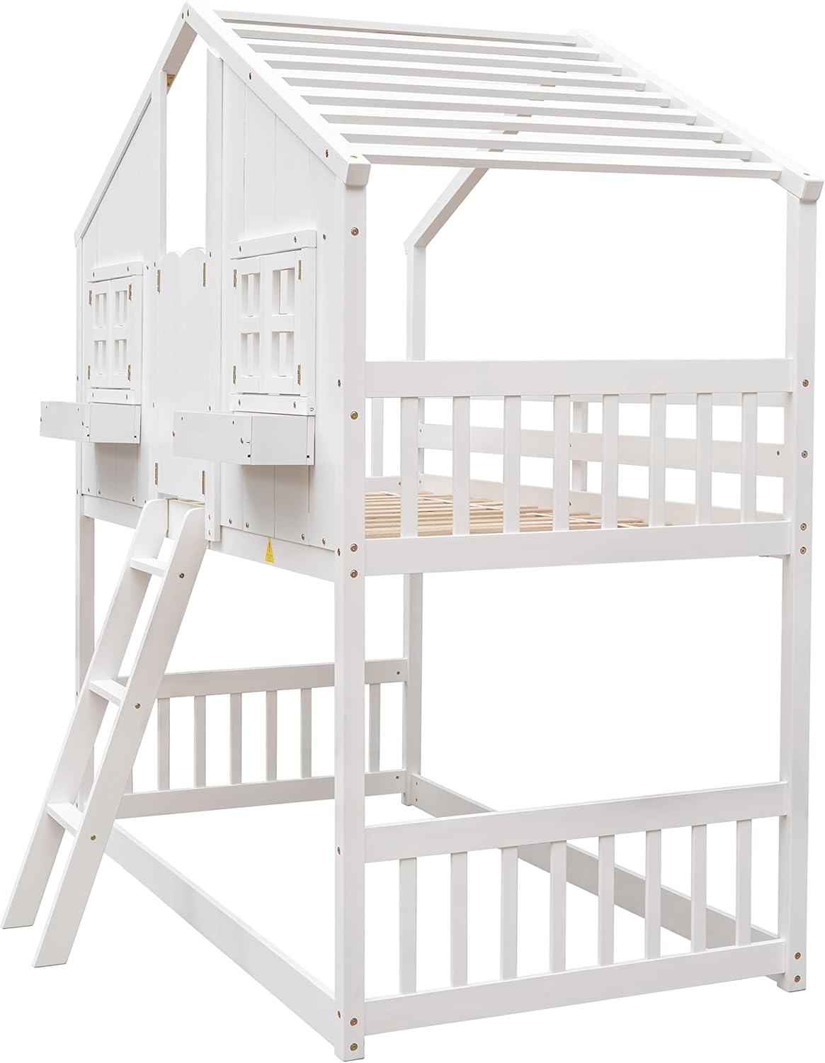 Harper & Bright Designs House Bunk Bed Twin Over Twin Kids Bunk Bed Wood Frame with Roof, Window, Window Box, Door, Safety Guardrails and Ladder, for Girls Boys (Twin Size, White)