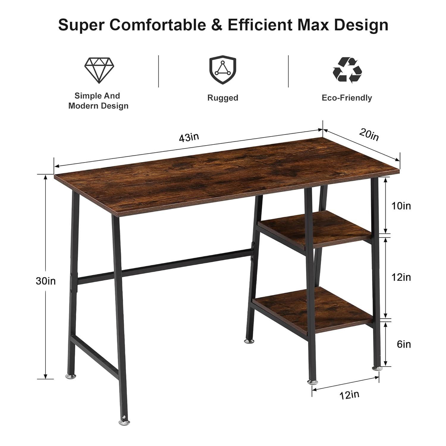 VECELO 43 Inch Computer Desk Writing Study Work Office Table Modern Desk with Shelves Wooden Desk for Home Bedroom,Walnut Desk