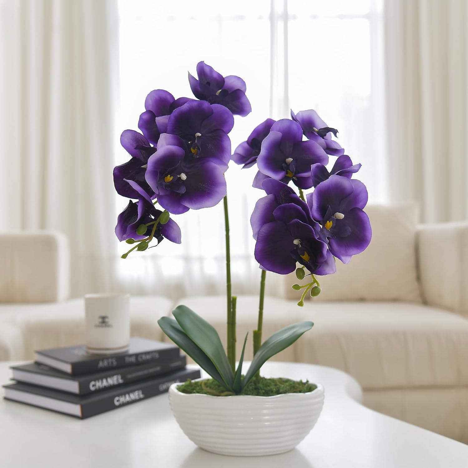 Large Artificial Potted Orchid Plant, Silk Flower Arrangement with Ceramics Vase, Deep Purple