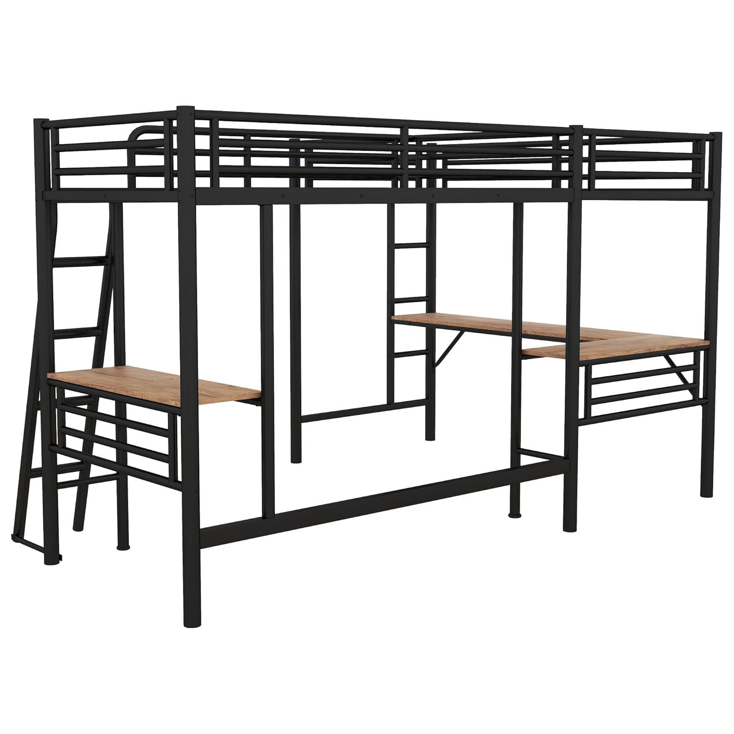 Mason & Marbles Double Twin Size Loft Beds, Metal L-Shaped Loft Bed Frame With Two Desk