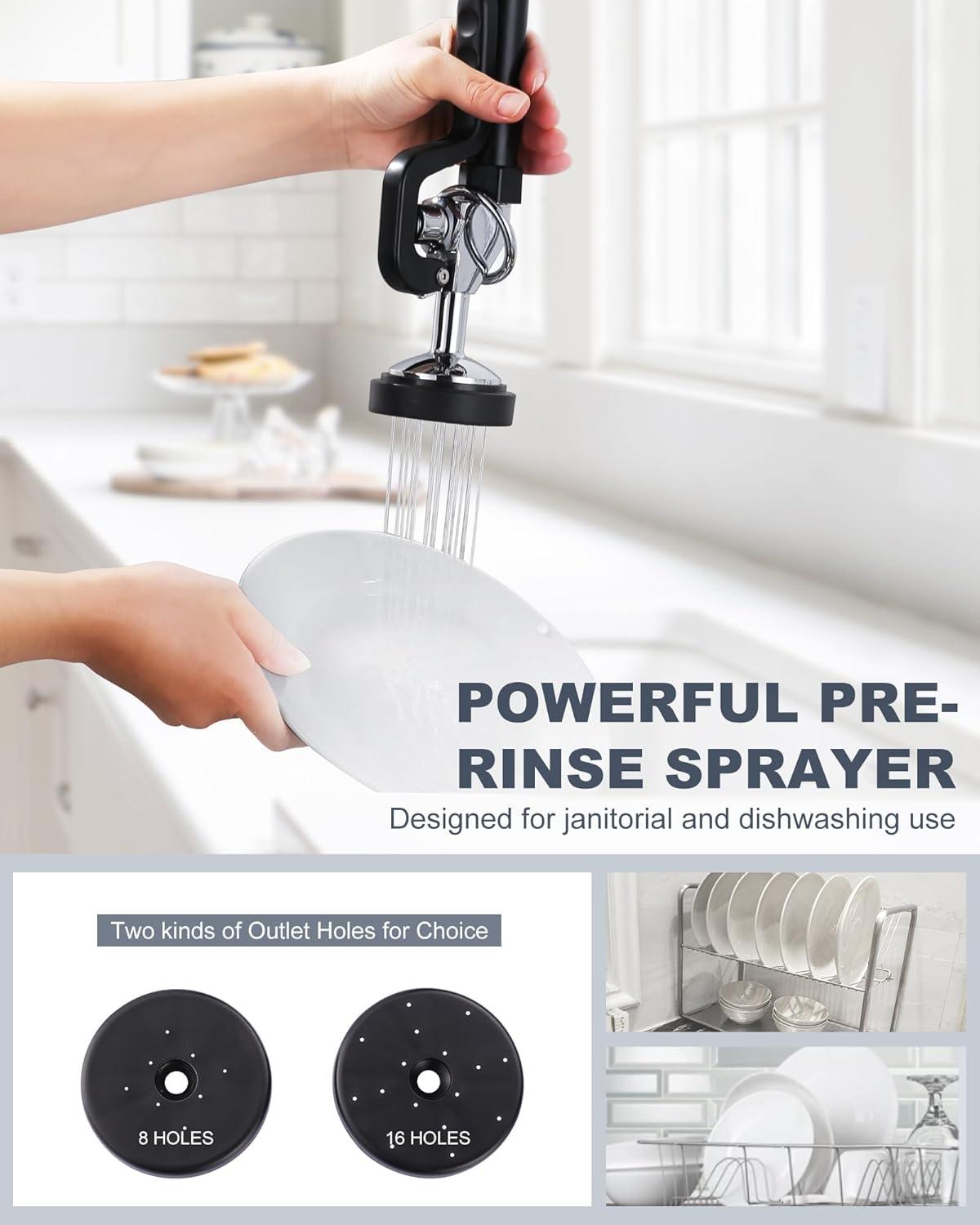 Commercial Kitchen Sink Faucet with Pull Down Sprayer, Pre-Rinse Wall Mount Faucet Chrome Commercial Kitchen Faucets with Sprayer 25" Height Water Faucets with 9.6" Add-on Swing Spout for Restaurant