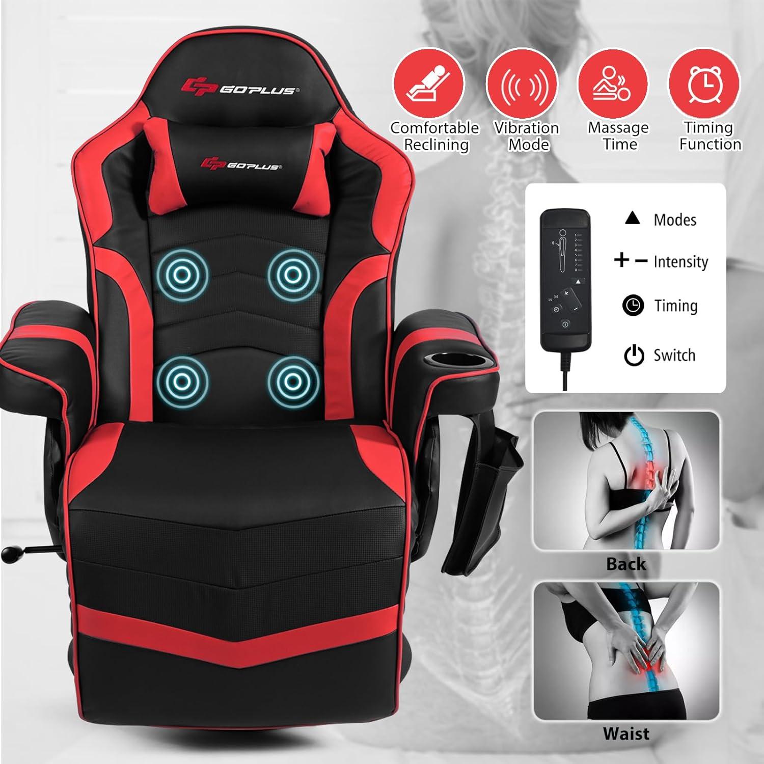 POWERSTONE Gaming Recliner Massage Gaming Chair with Footrest Ergonomic PU Leather Single Sofa with Cup Holder Headrest and Side Pouch, Adjustable Living Room Chair Seating, Red