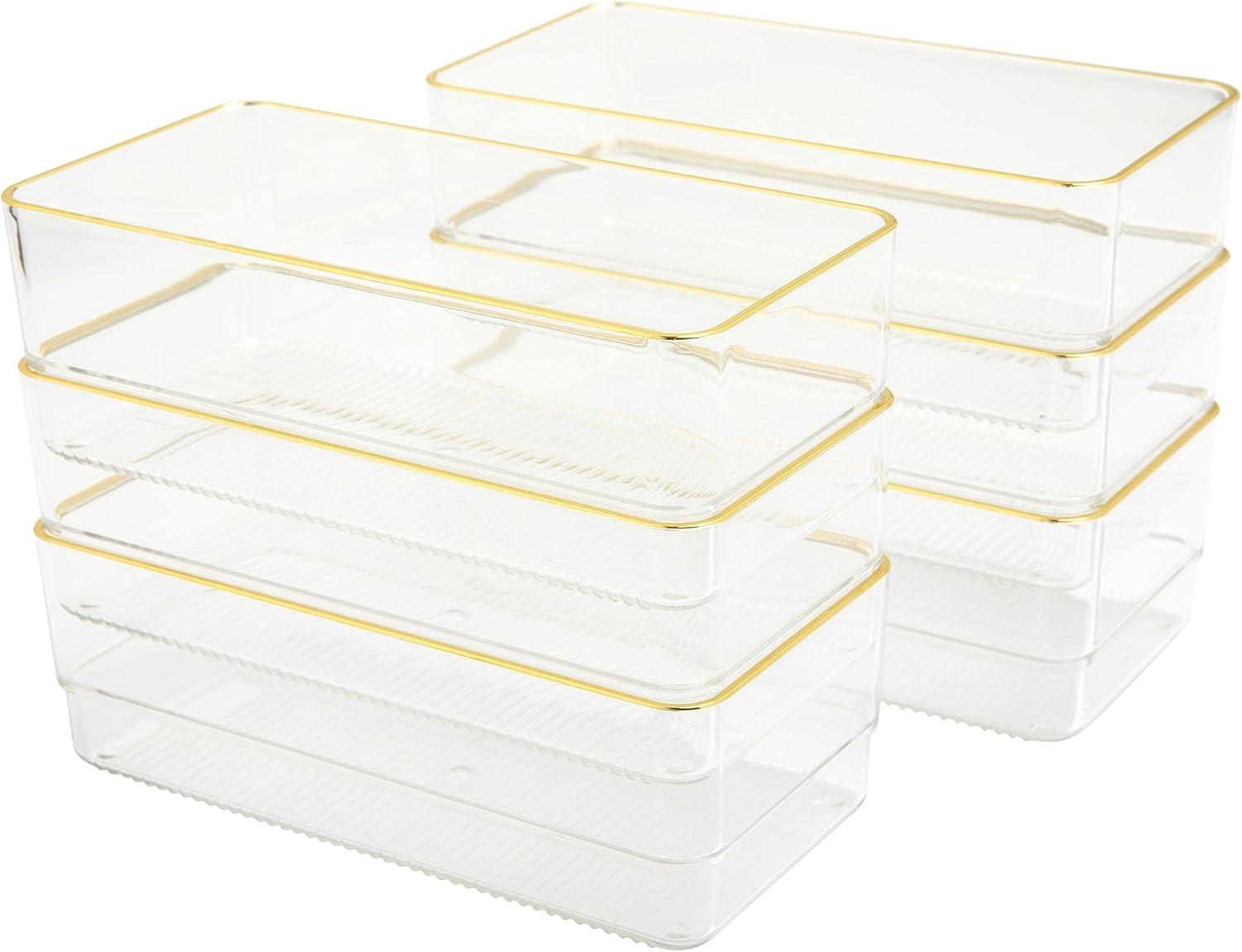 Martha Stewart Kerry 6 Pack Plastic Stackable Office Desk Drawer Organizers with Gold Trim, 6" x 3"