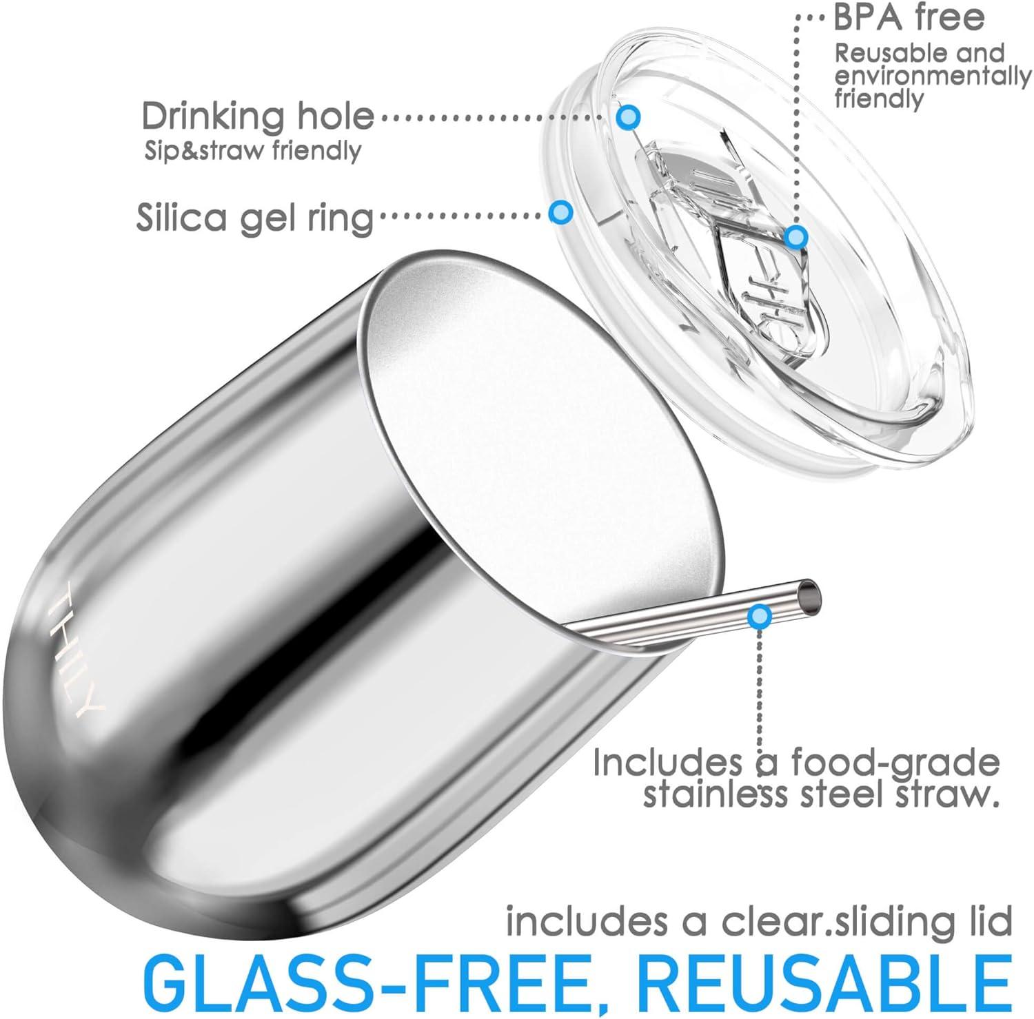 Vacuum Insulated Stemless Wine Tumbler - THILY 4 Pack Stainless Steel Wine Glass with Lid and Straw, Keep Cold or Hot for Coffee, Cocktails, Christmas Birthday Gift, Mirror Silver