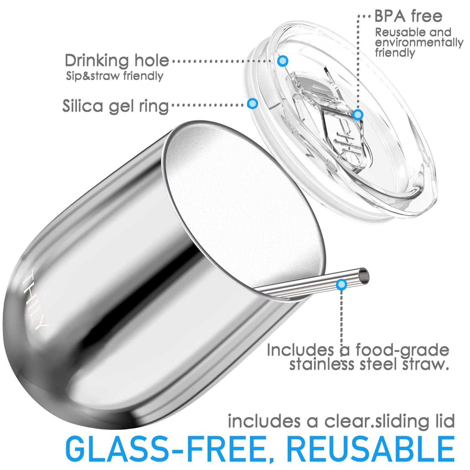 Vacuum Insulated Stemless Wine Tumbler - THILY 4 Pack Stainless Steel Wine Glass with Lid and Straw, Keep Cold or Hot for Coffee, Cocktails, Christmas Birthday Gift, Mirror Silver