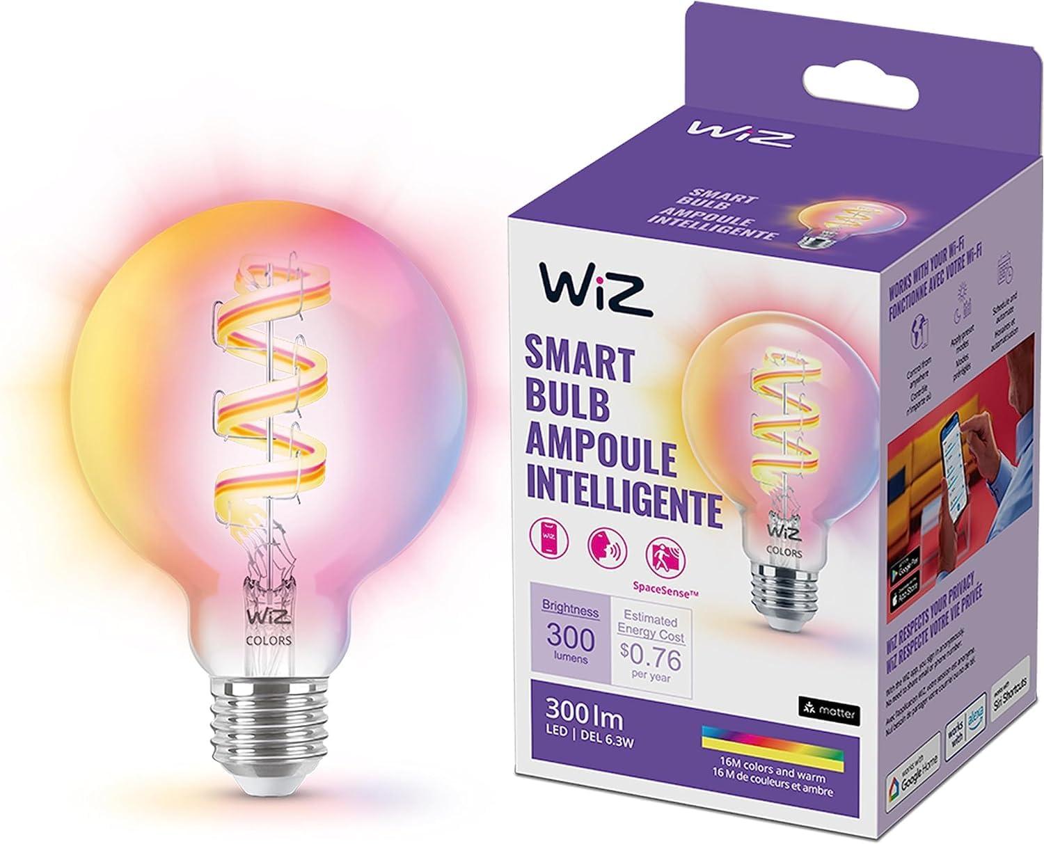 WiZ Connected Color G25 Color Filament LED Smart Bulb - Pack of 1-300 Lumen - E26, Indoor - Connects to Your Existing Wi-Fi - Control with Voice or App + Activate with Motion - Matter Compatible
