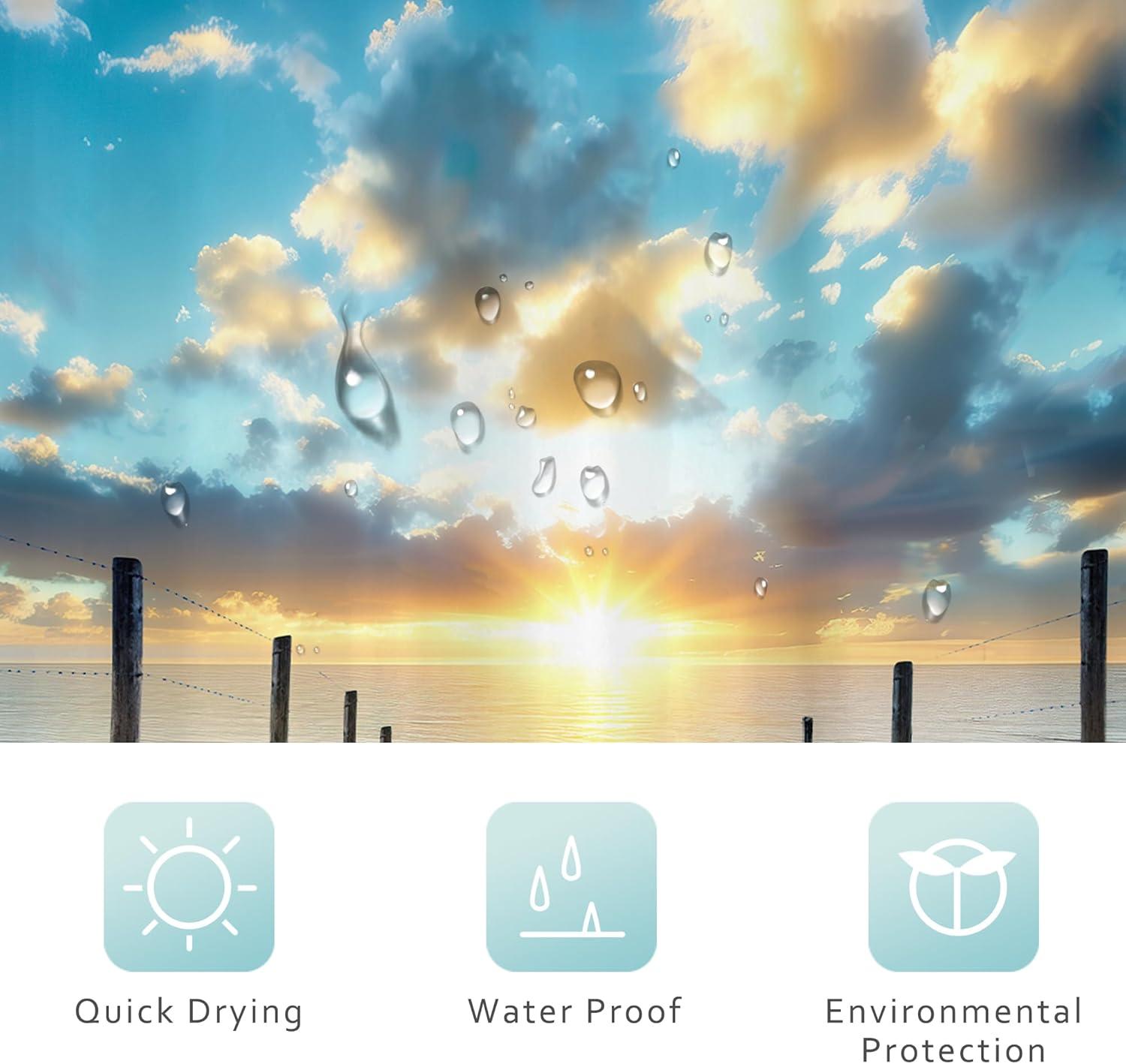 Riyidecor Ocean Beach Shower Curtain 72Wx72H Inch Beachy Coatsal Seaside Seashore Summer Tropical Sunset Nature Landscape Bathroom Decor Fabric Polyester Waterproof 12 Pack Hooks