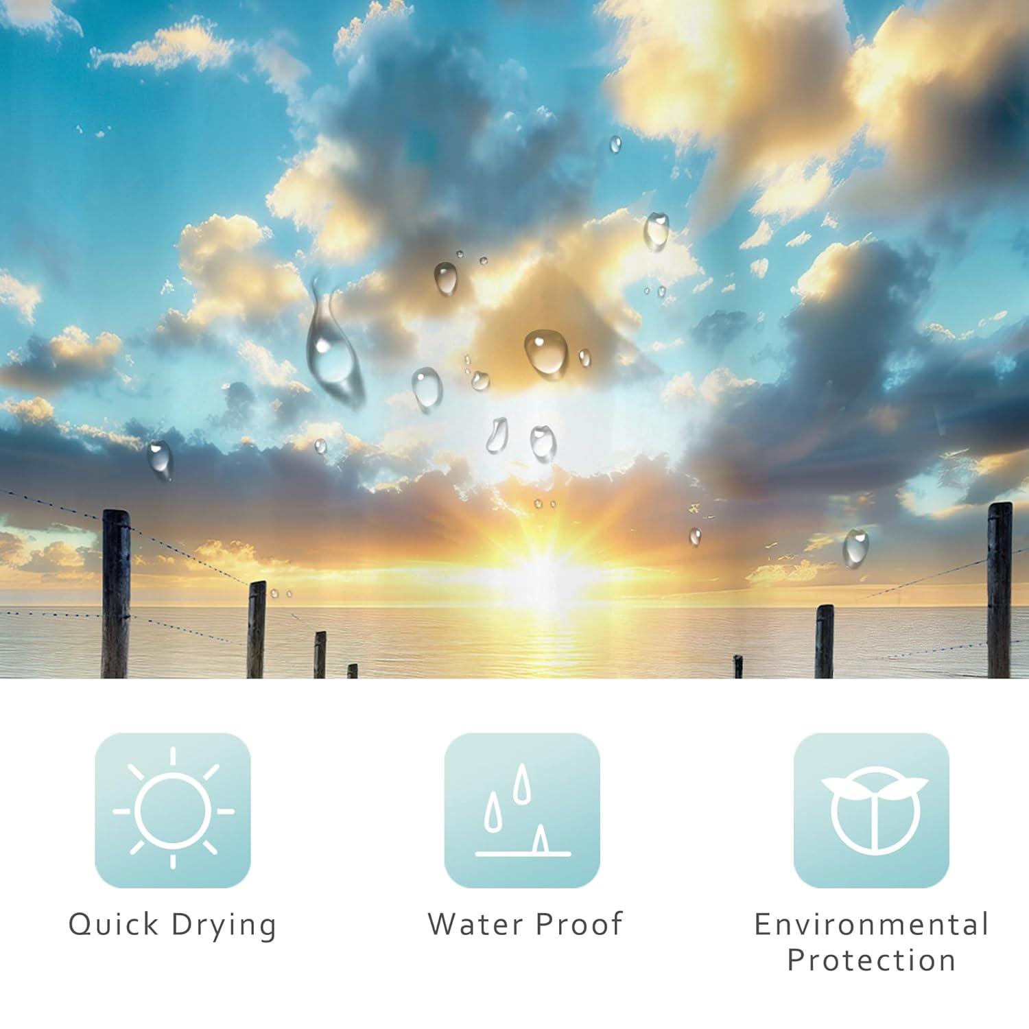 Riyidecor Ocean Beach Shower Curtain 72Wx72H Inch Beachy Coatsal Seaside Seashore Summer Tropical Sunset Nature Landscape Bathroom Decor Fabric Polyester Waterproof 12 Pack Hooks