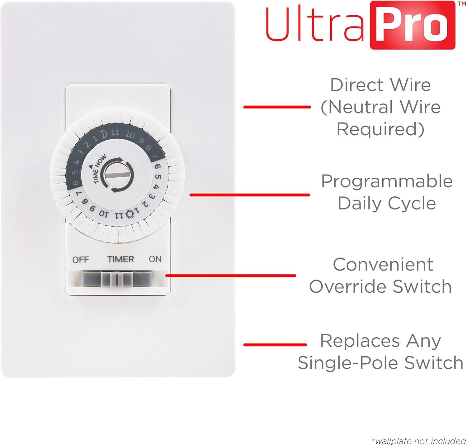 UltraPro 24-Hour Indoor Mechanical In-Wall Timer, 30 Minute Interval, Neutral Wire Required, Dial Timer Light Switch for Lights, Bathroom Fan, Exhaust Fan, Single Pole Wall Timer Switch, White, 41092