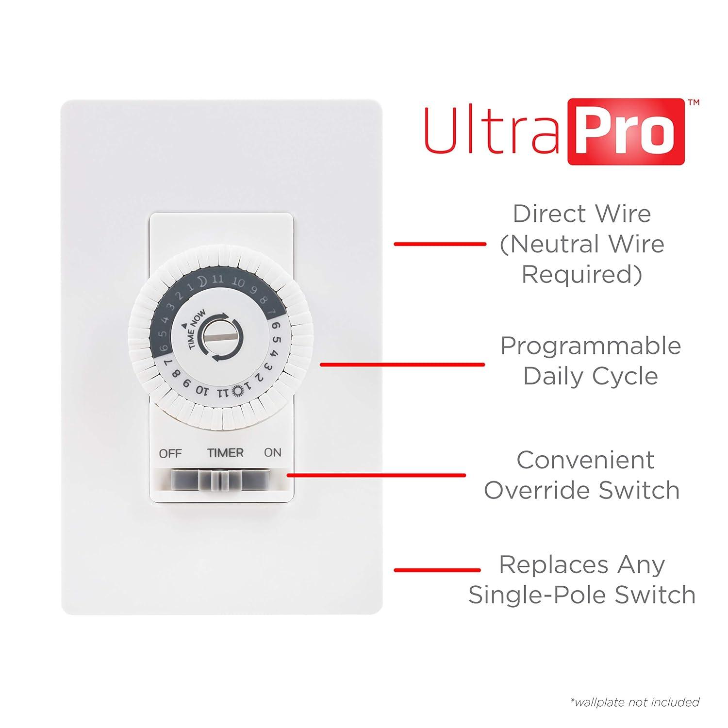 UltraPro 24-Hour Indoor Mechanical In-Wall Timer, 30 Minute Interval, Neutral Wire Required, Dial Timer Light Switch for Lights, Bathroom Fan, Exhaust Fan, Single Pole Wall Timer Switch, White, 41092