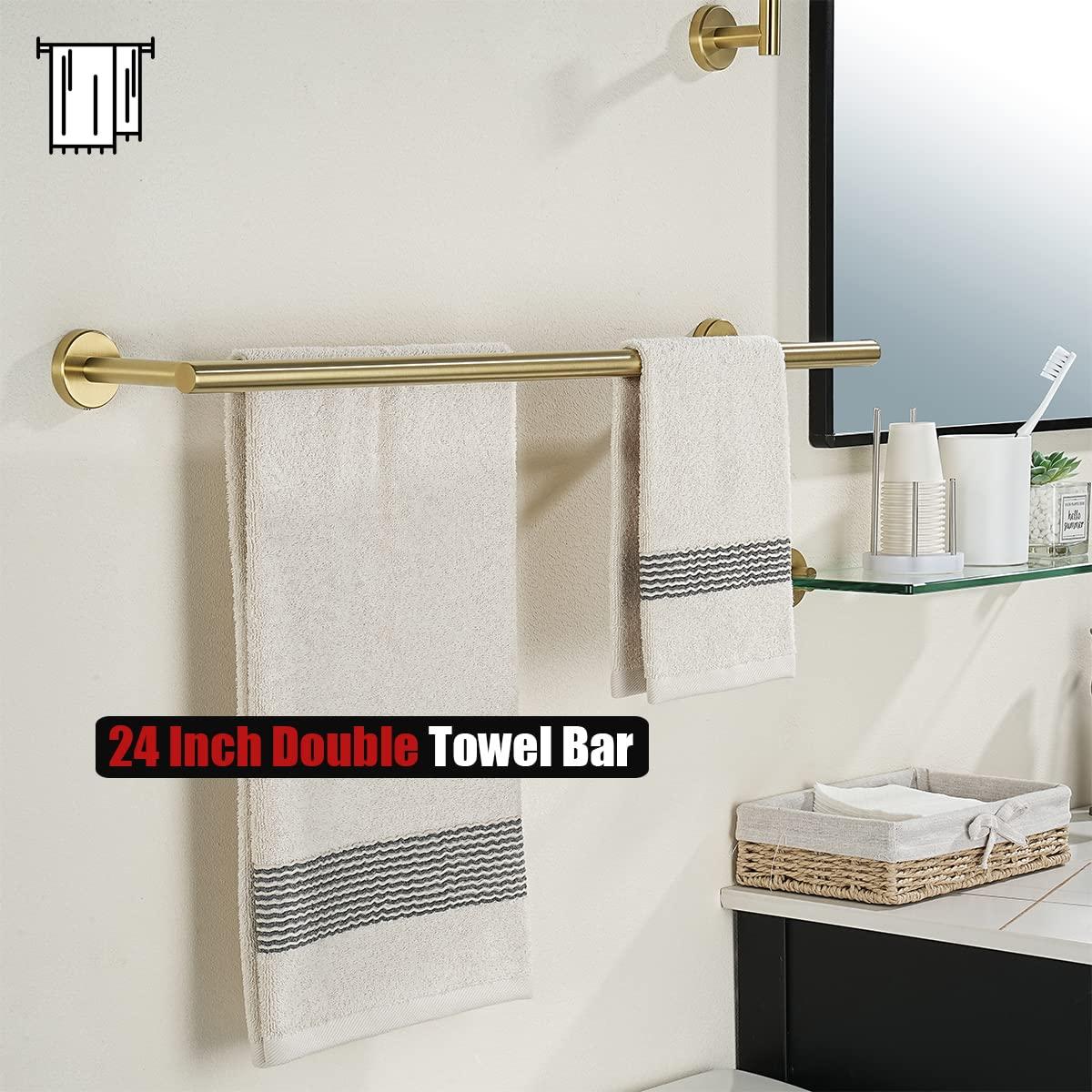 JQK Double Towel Bar 27 Inch, Brass Gold Useable Length 24 Inch 304 Stainless Steel Thicken 0.8mm Bath Towel Rack for Bathroom, Towel Holder Wall Mount, TB100L24-BG