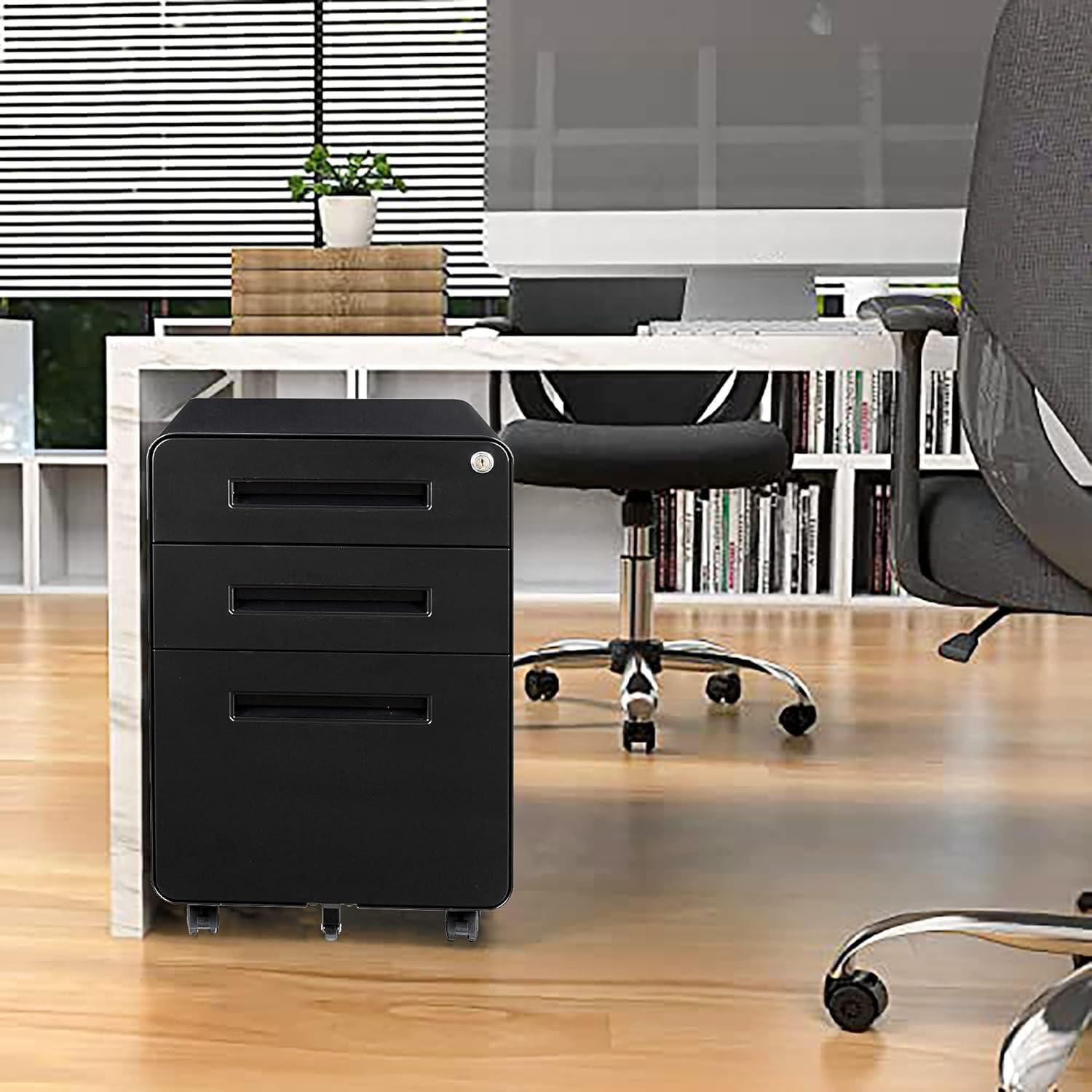 DaiZuY 3 Drawer Mobile File Cabinet with Lock, Heavy Duty Metal Filing Cabinet Rolling Pedestal Under Desk for Home Office, Legal/Letter/A4 Size, Fully Assembled, Black