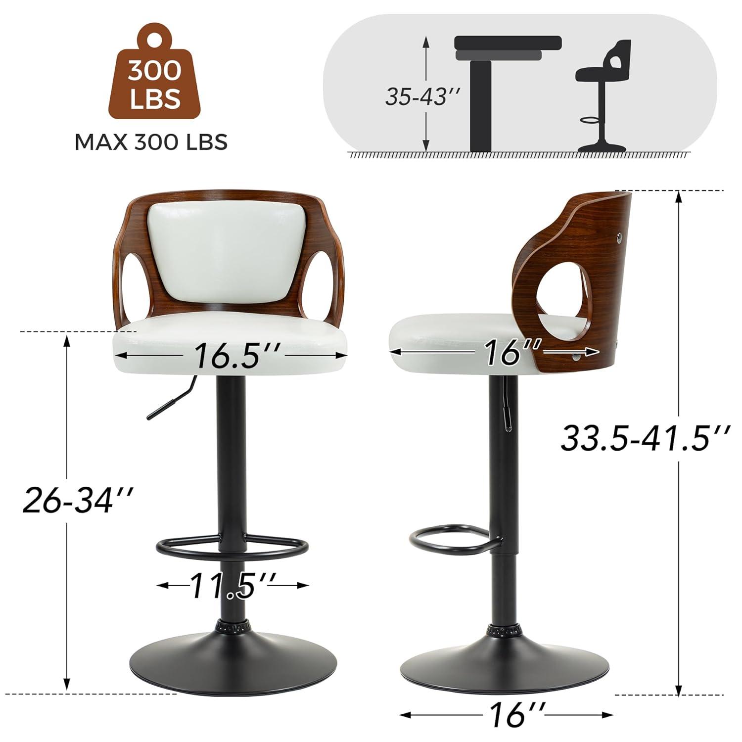 ECOTOUGE Swivel Bar Stools Set of 2, Height Adjustable Island Stools with Bentwood Back, Faux Leather Counter Height Bar Stools for Kitchen, Pub and Cafe, White