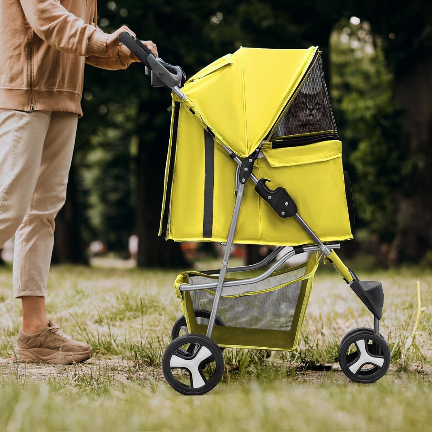Zengpin 3-Wheel Pet Stroller, Foldable Travel Jogger for Small & Medium Dogs & Cats (Up to 33lbs), Lightweight Carrier with Breathable Mesh Cover, Cup Holder & Storage Basket, Yellow
