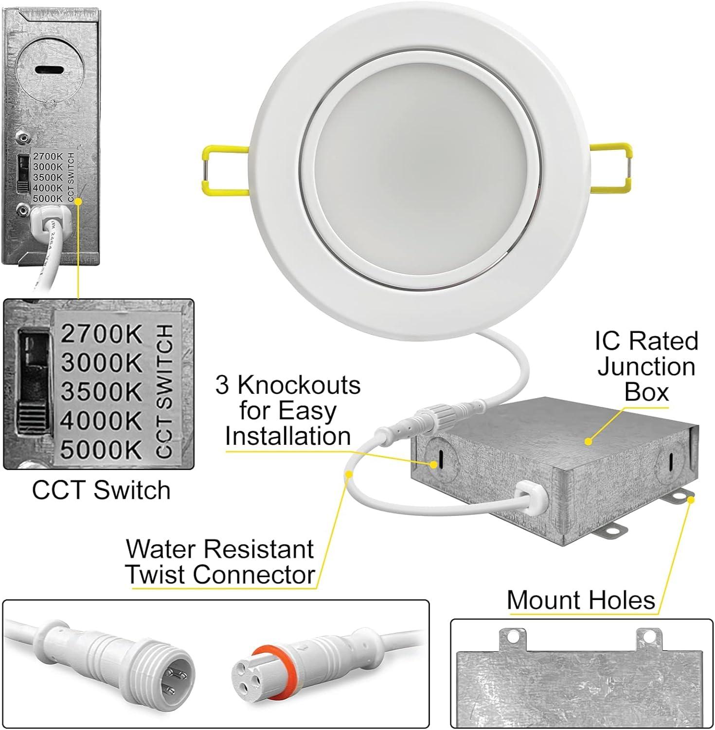 Adjustable Downlight 4'' Selectable Color Temperature Dimmable Air-Tight IC Rated LED Canless Recessed Lighting Kit