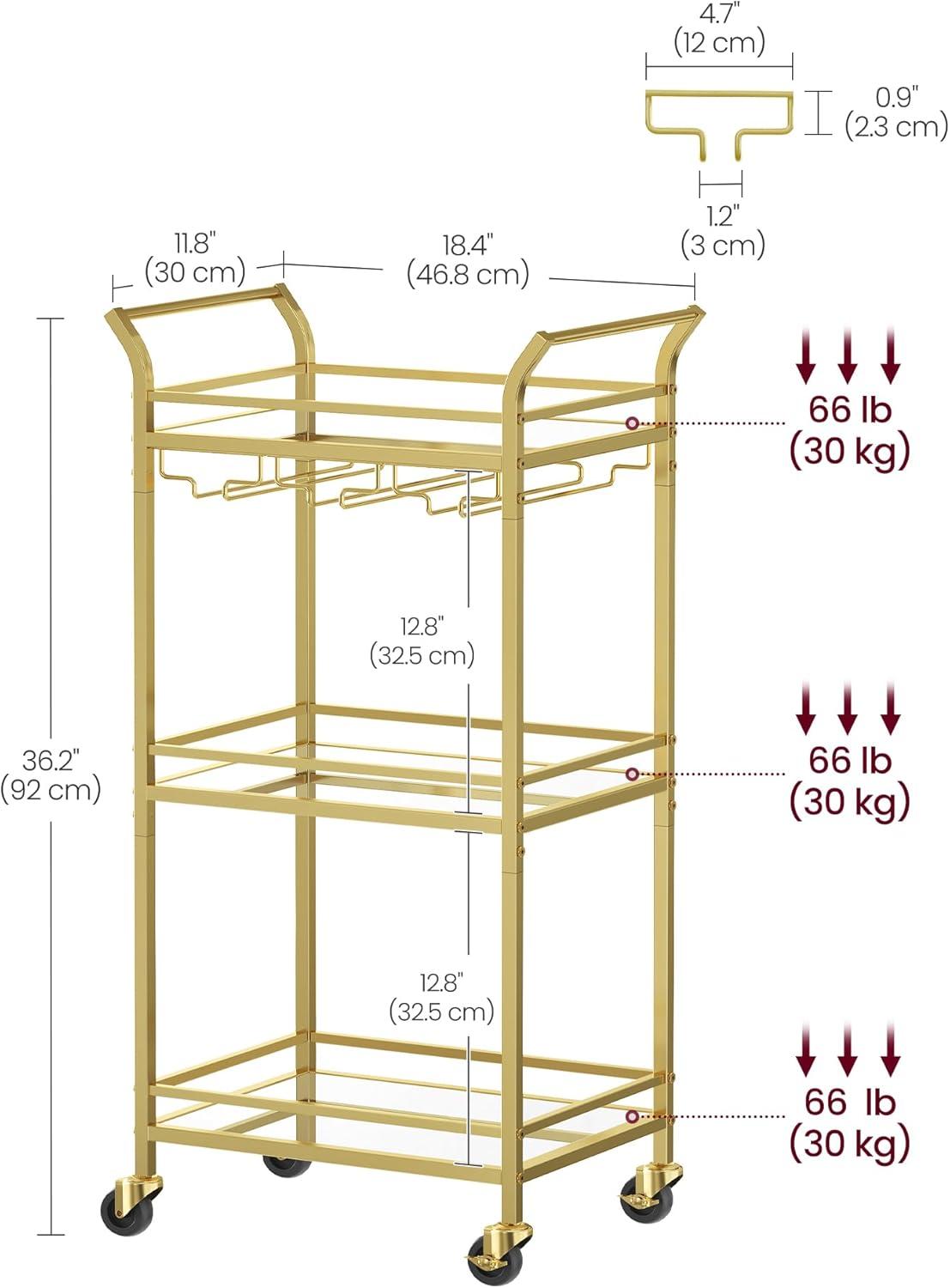 Pale Gold 3-Tier Bar Cart with Mirrored Glass Shelves