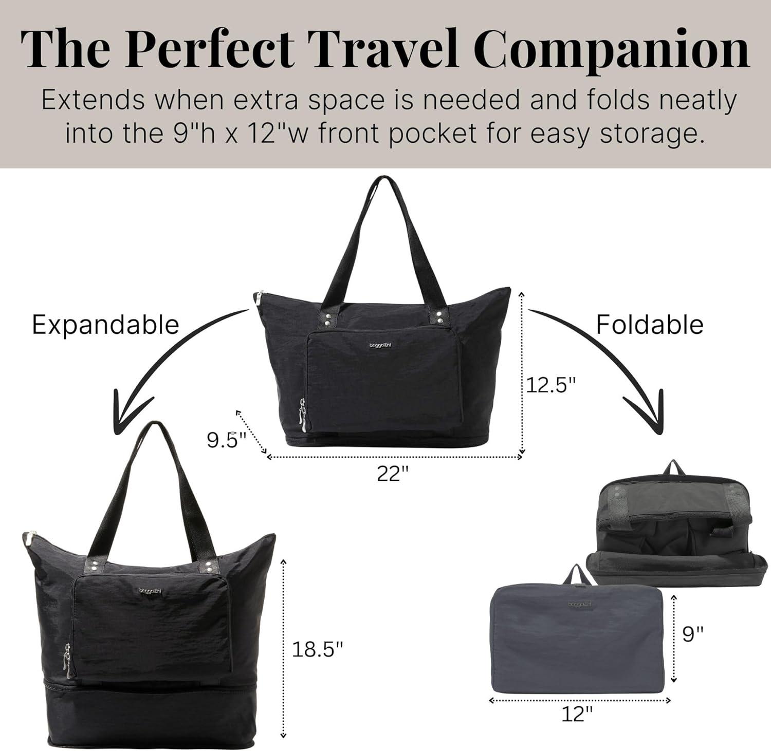 Black Nylon Expandable Travel Tote with Luggage Sleeve