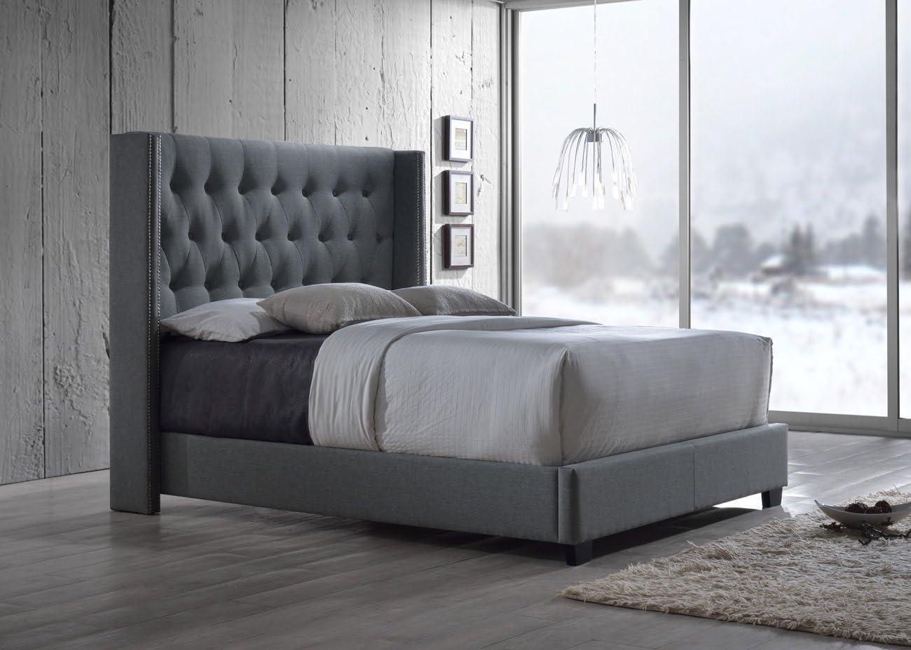 Baxton Studio Katherine Wingback Fabric Standard Bed with Nailhead Trim, Gray