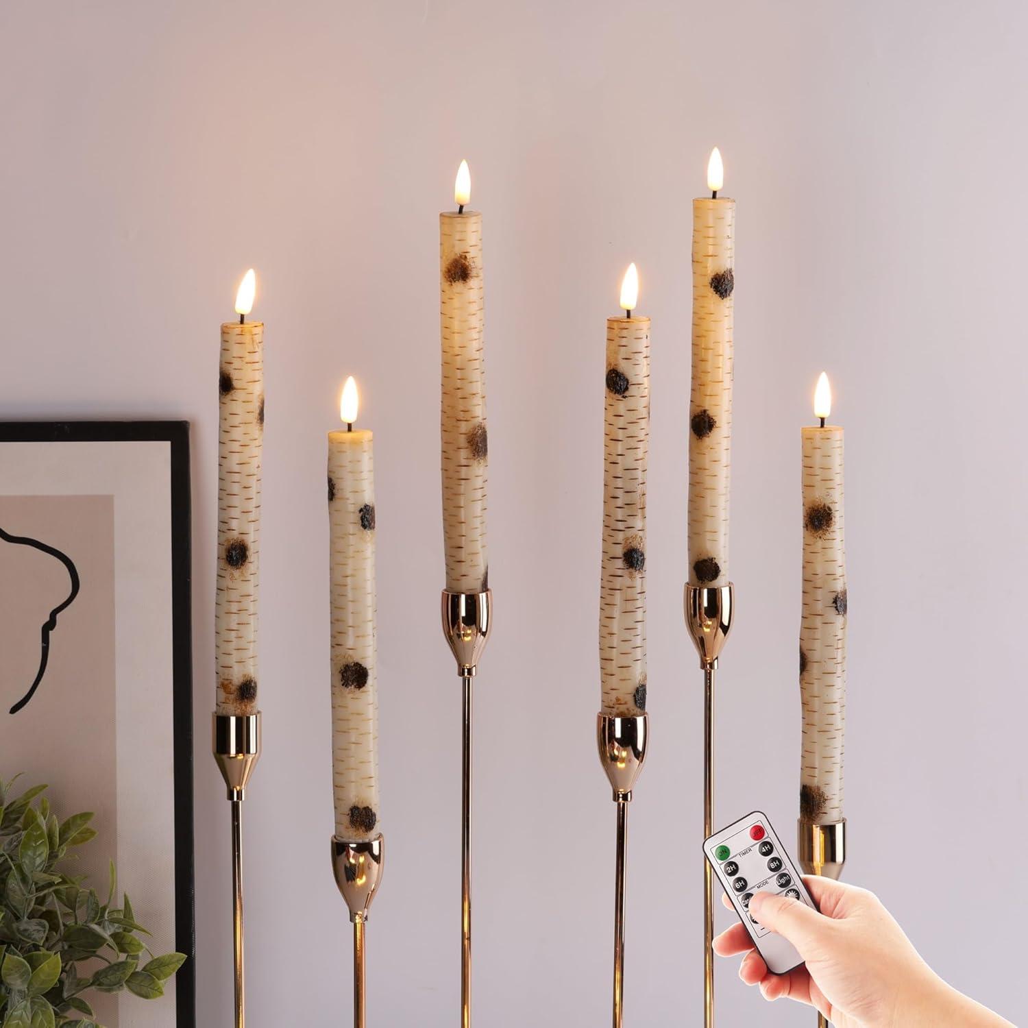 Birch Bark Flameless LED Taper Candles with Remote, Set of 6