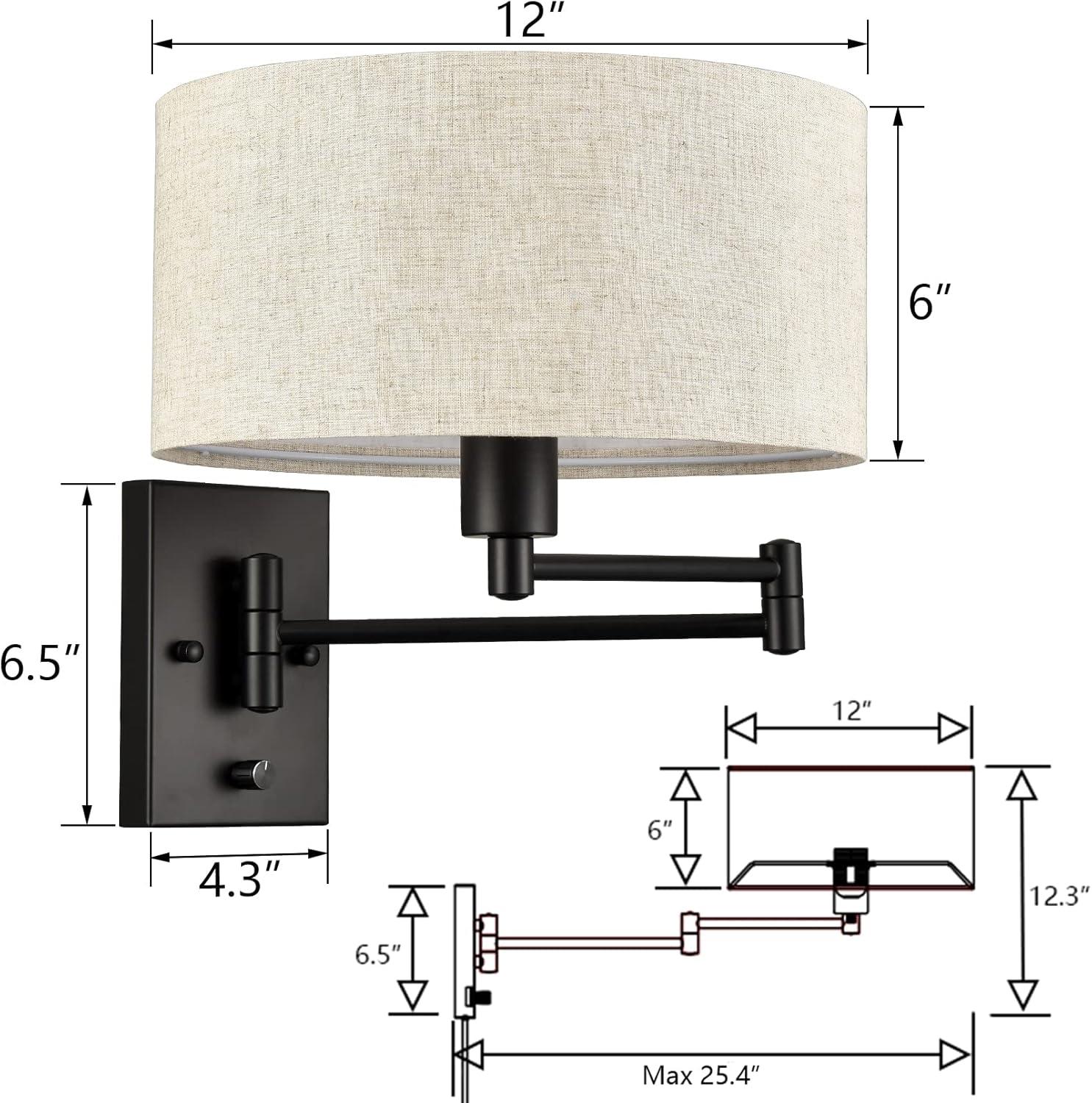 Black Swing Arm Wall Sconce Plug in Wall Lamp with Drum Shade Modern Farmhouse