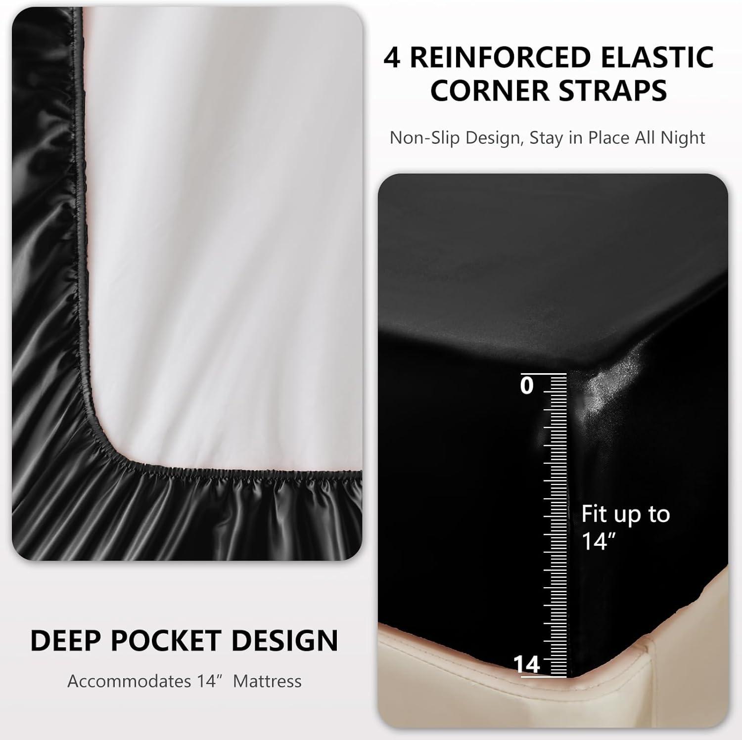 Black Satin Full Size 4-Piece Deep Pocket Sheet Set