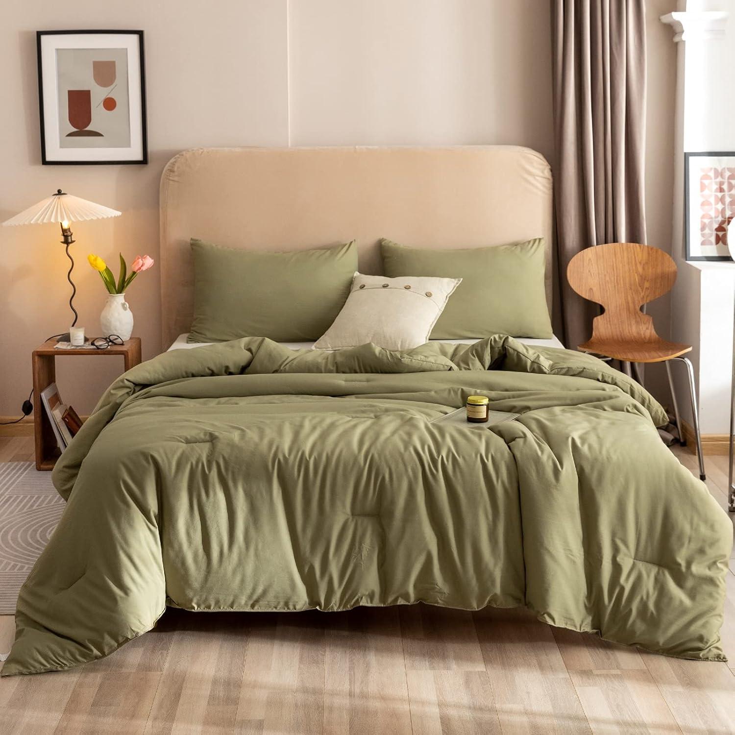 Olive Green Microfiber King Comforter Set with Pillowcases