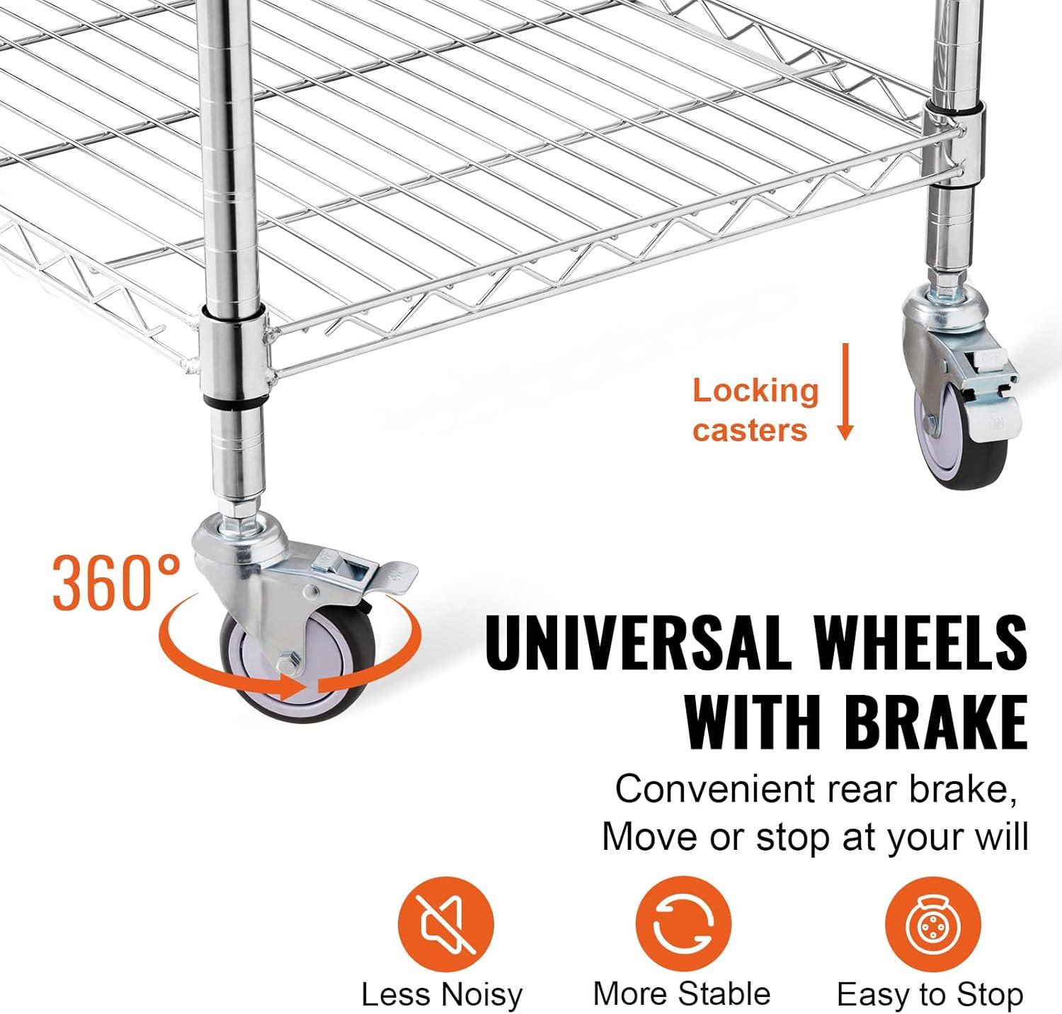 SKYSHALO 3-Tier Utility Cart Rolling Cart on Wheels 470 lbs 24"x20"x36.6" 6 Hooks