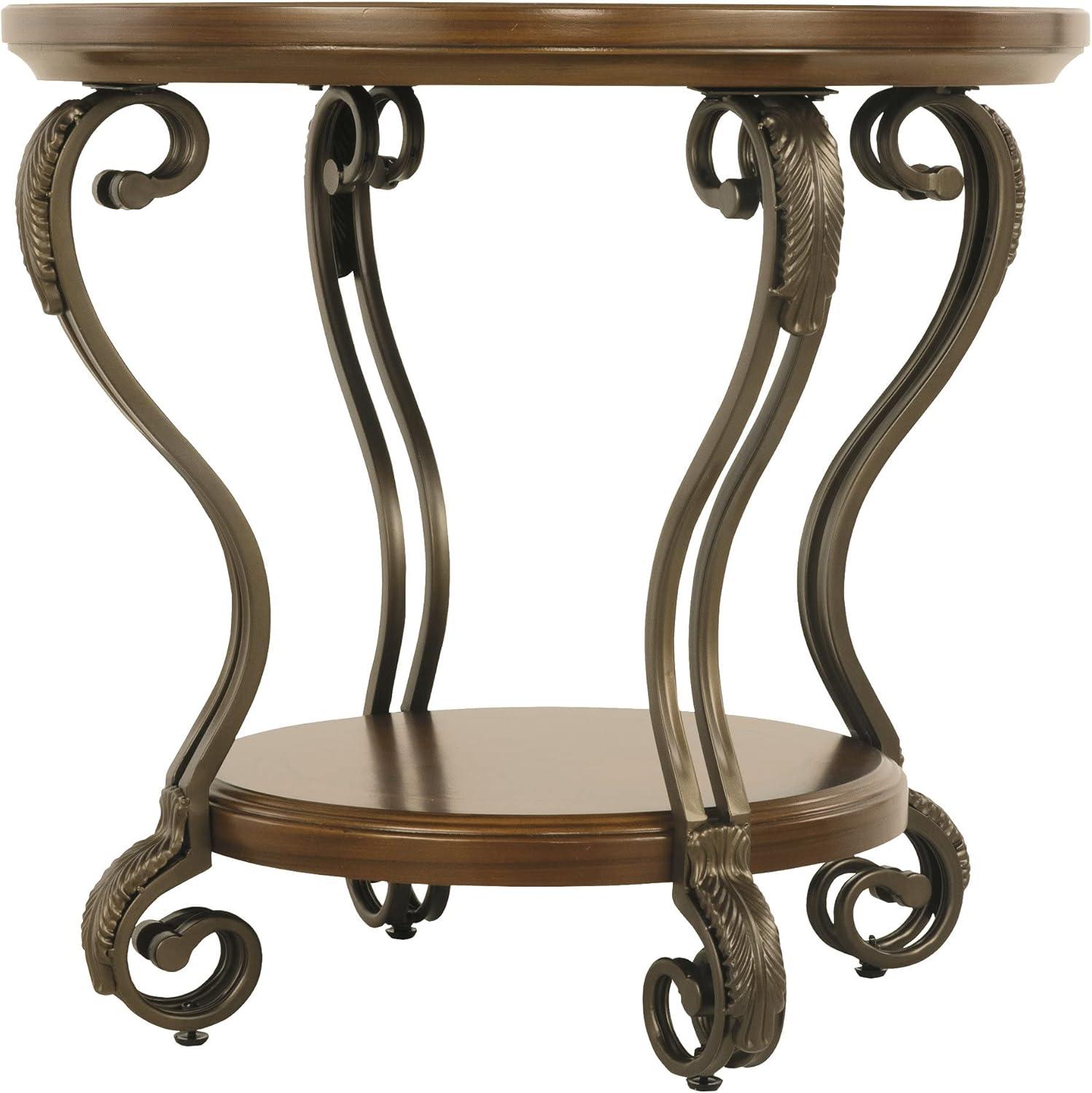 Nestor Contemporary Round End Table with Acanthus Leaf Carvings, Medium Brown