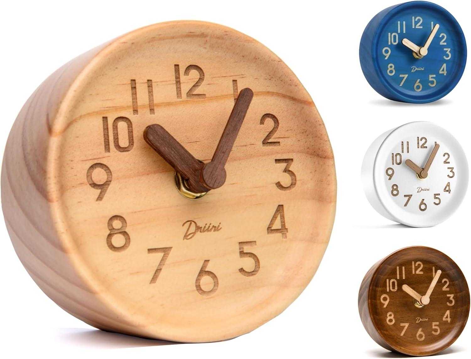 Driini Wooden Analog Desk Clock  – Easy to Read; Silent Sweep Table Decor