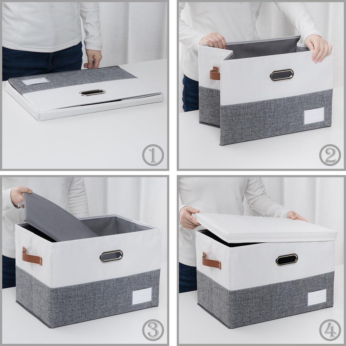 3 Pack Collapsible storage bins with lid. Foldable Storage bins for shelves, closet, office bedroom, or nursery. Containers made with linen fabric and stainless steel handles for organizing.