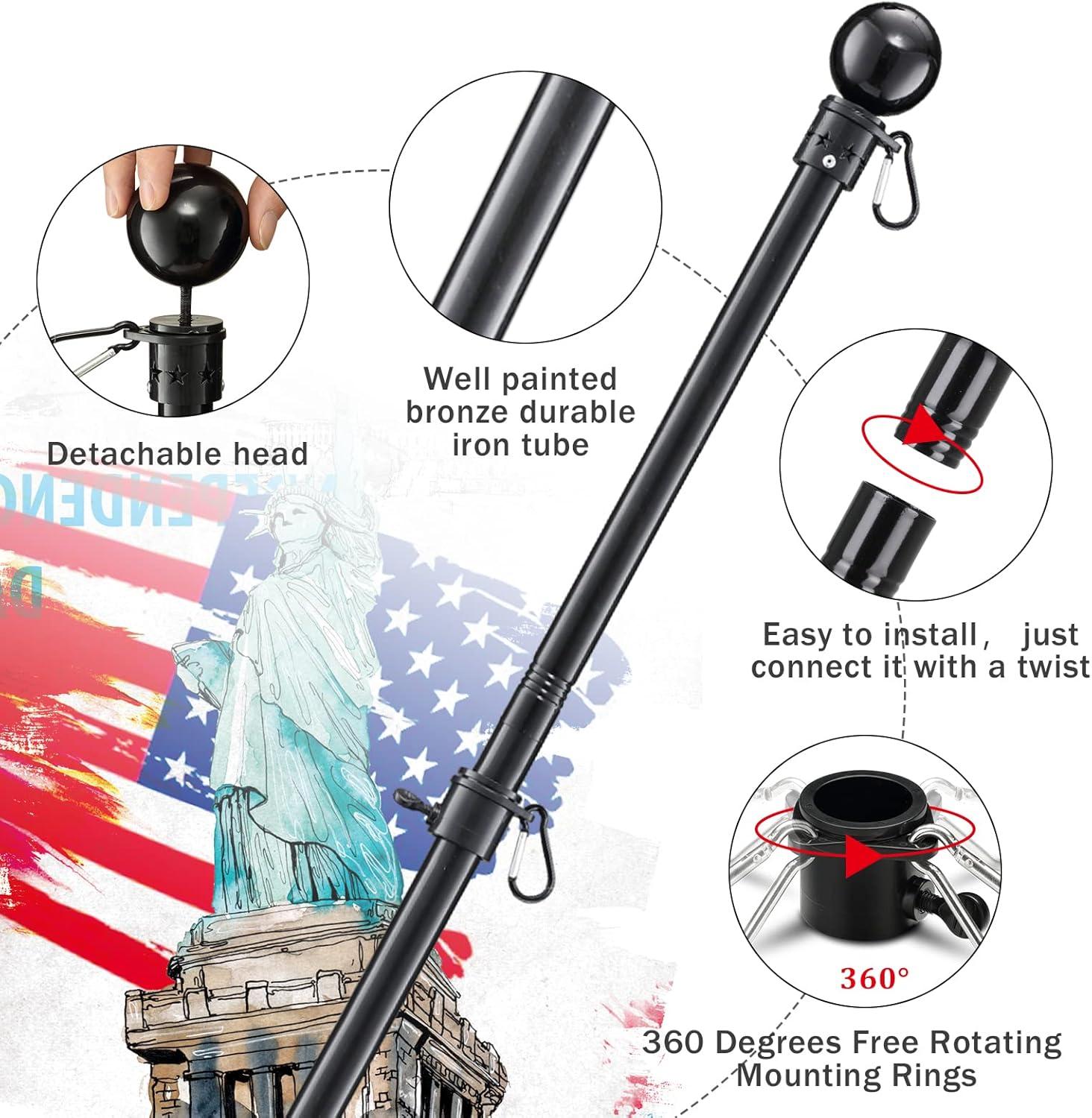 AEASKIEY 5FT Tangle Free Stainless Steel Metal Flag Pole (Black) with 3x5 Embroidered US Flag and Bracket.