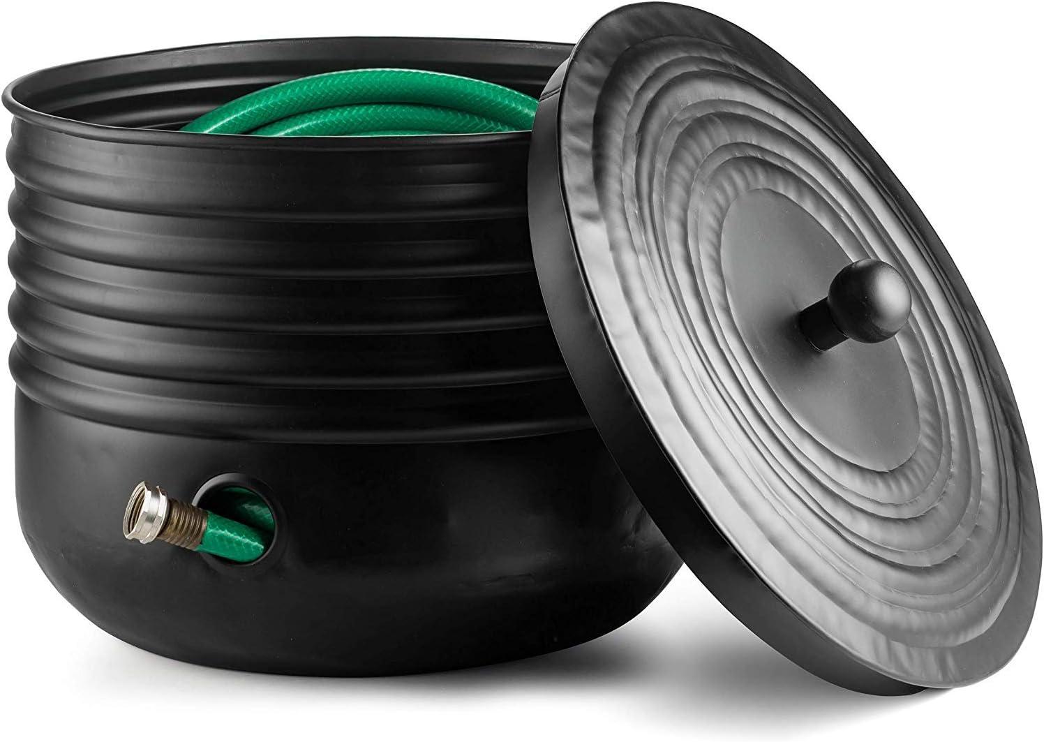 Black Ribbed Steel Garden Hose Pot Holder with Lid