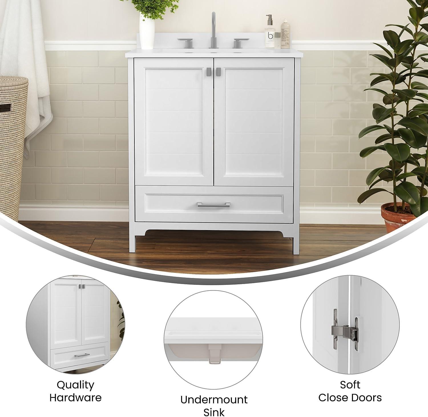 Flash Furniture 30 Inch Bathroom Vanity with Undermount Sink, Cabinet, and Drawer in White