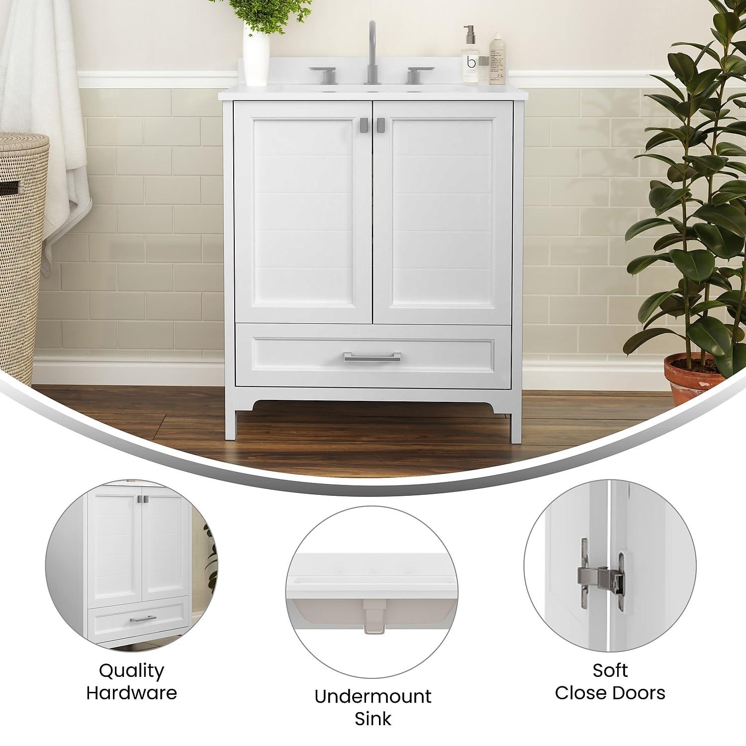Flash Furniture 30 Inch Bathroom Vanity with Undermount Sink, Cabinet, and Drawer in White