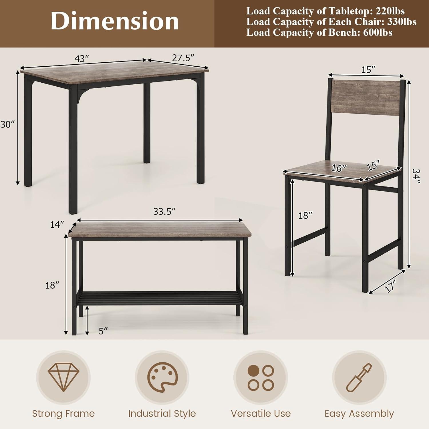 Costway 4pcs Dining Table Set Rustic Desk 2 Chairs & Bench w/ Storage Rack Grey