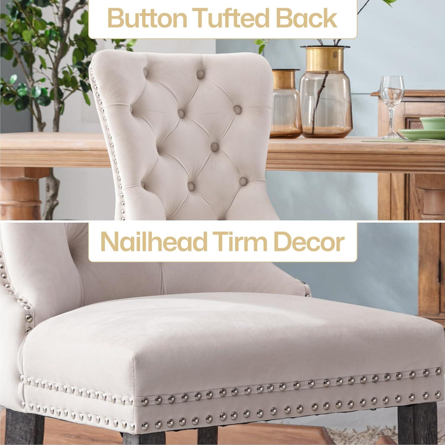 Velvet Dining Chairs Set of 4, Nikki Collection Dining Room Chairs with Wood Legs and Pull Ring, Luxury Side Chair with Nailhead Trim and Button Tufted Back, Beige