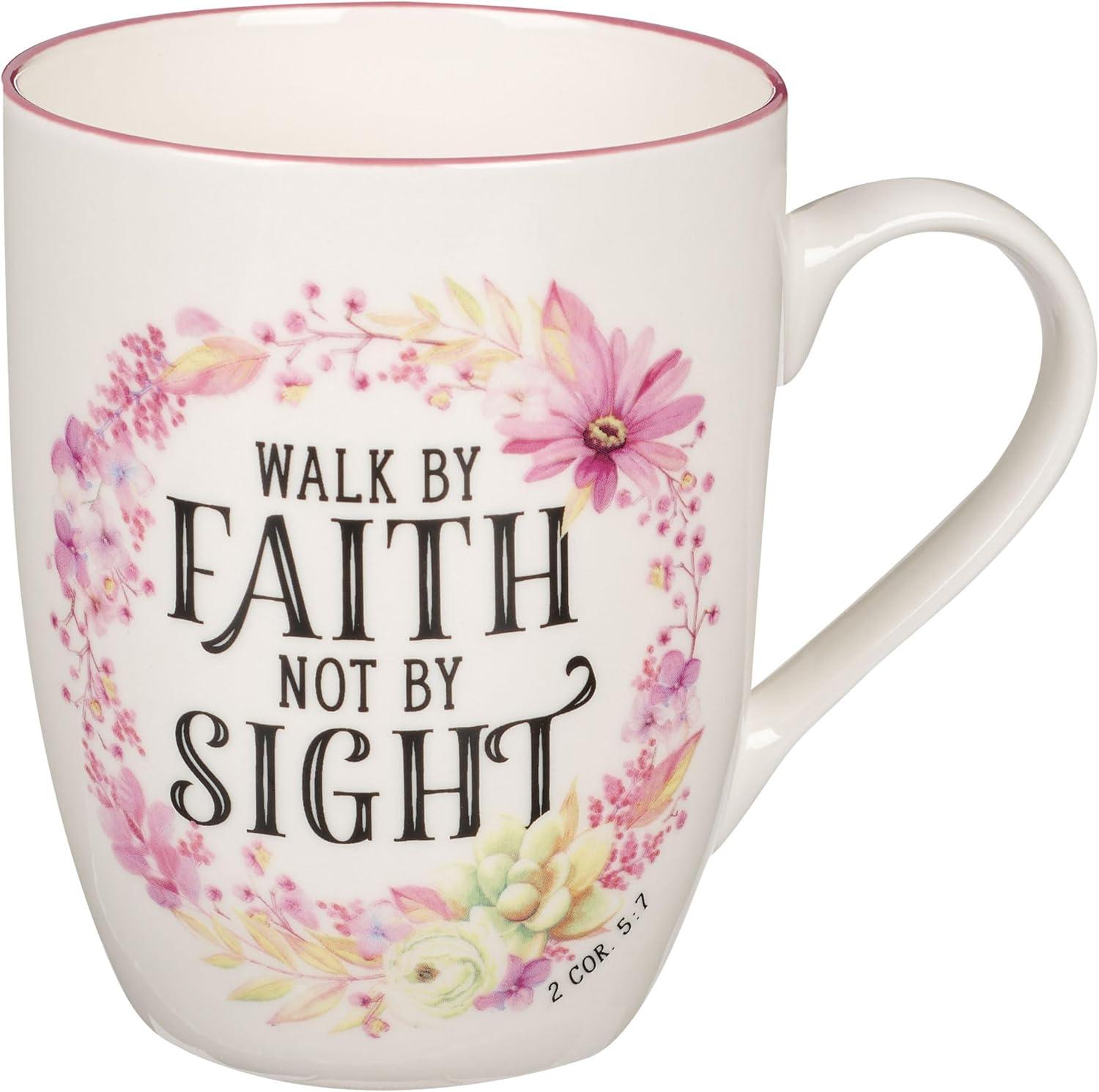 Walk by Faith Pink Floral Ceramic Coffee Mug, 12 oz