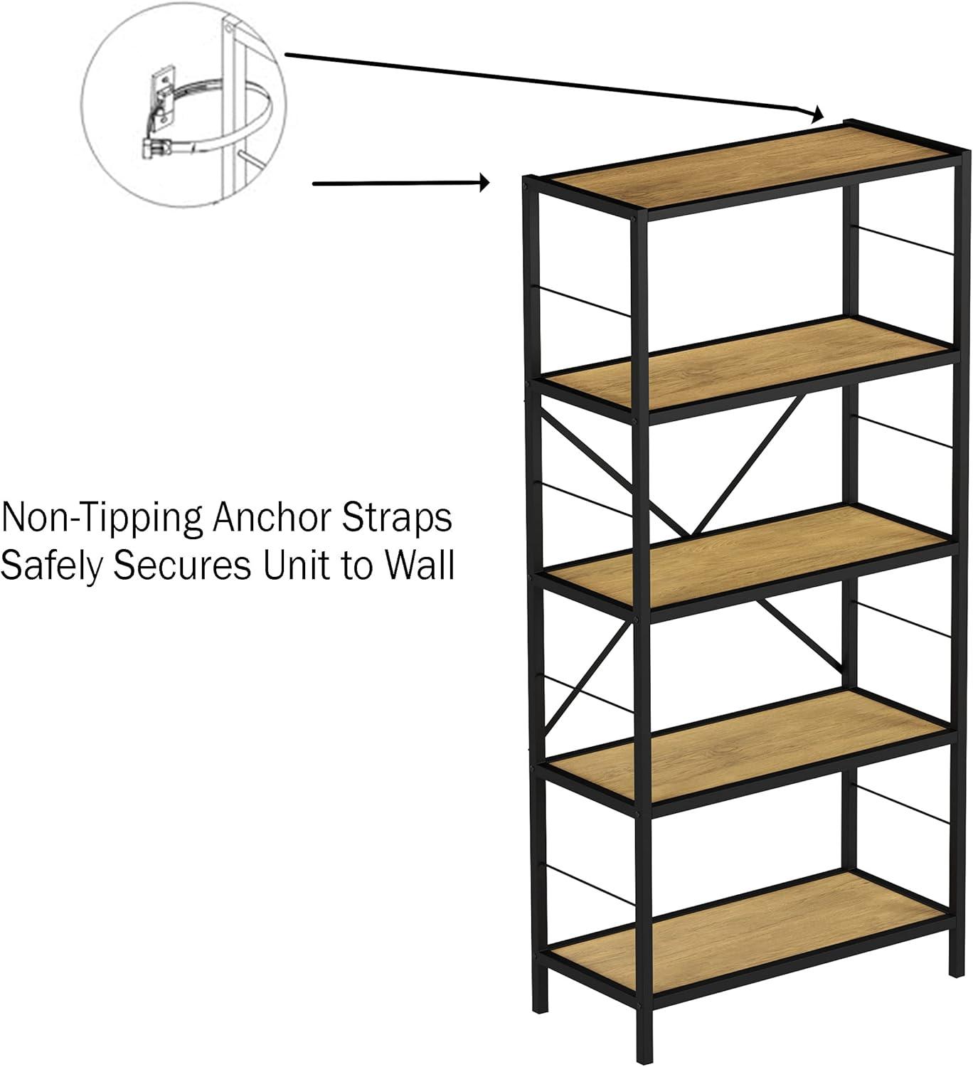 Industrial Oak Woodgrain 5-Tier Black Steel Bookshelf