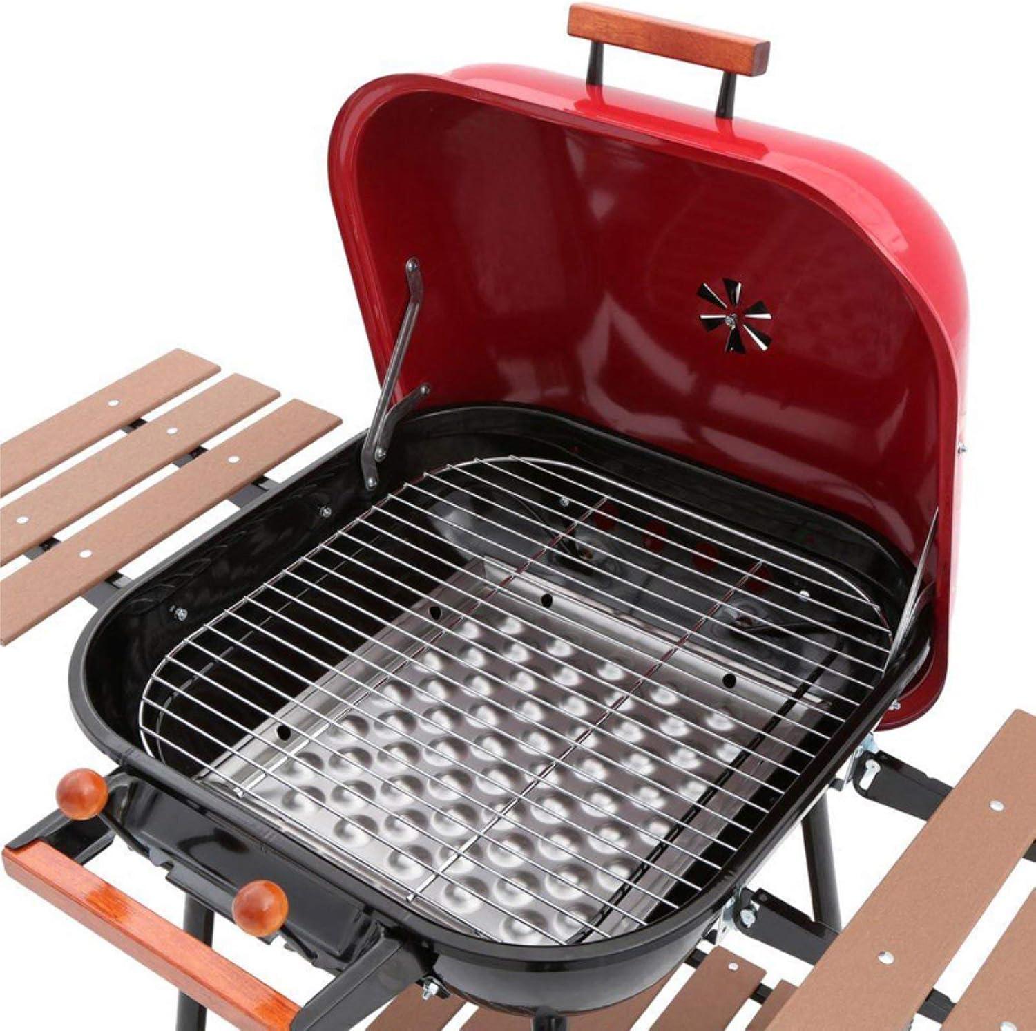 Red Charcoal Grill with Smoker and Side Tables